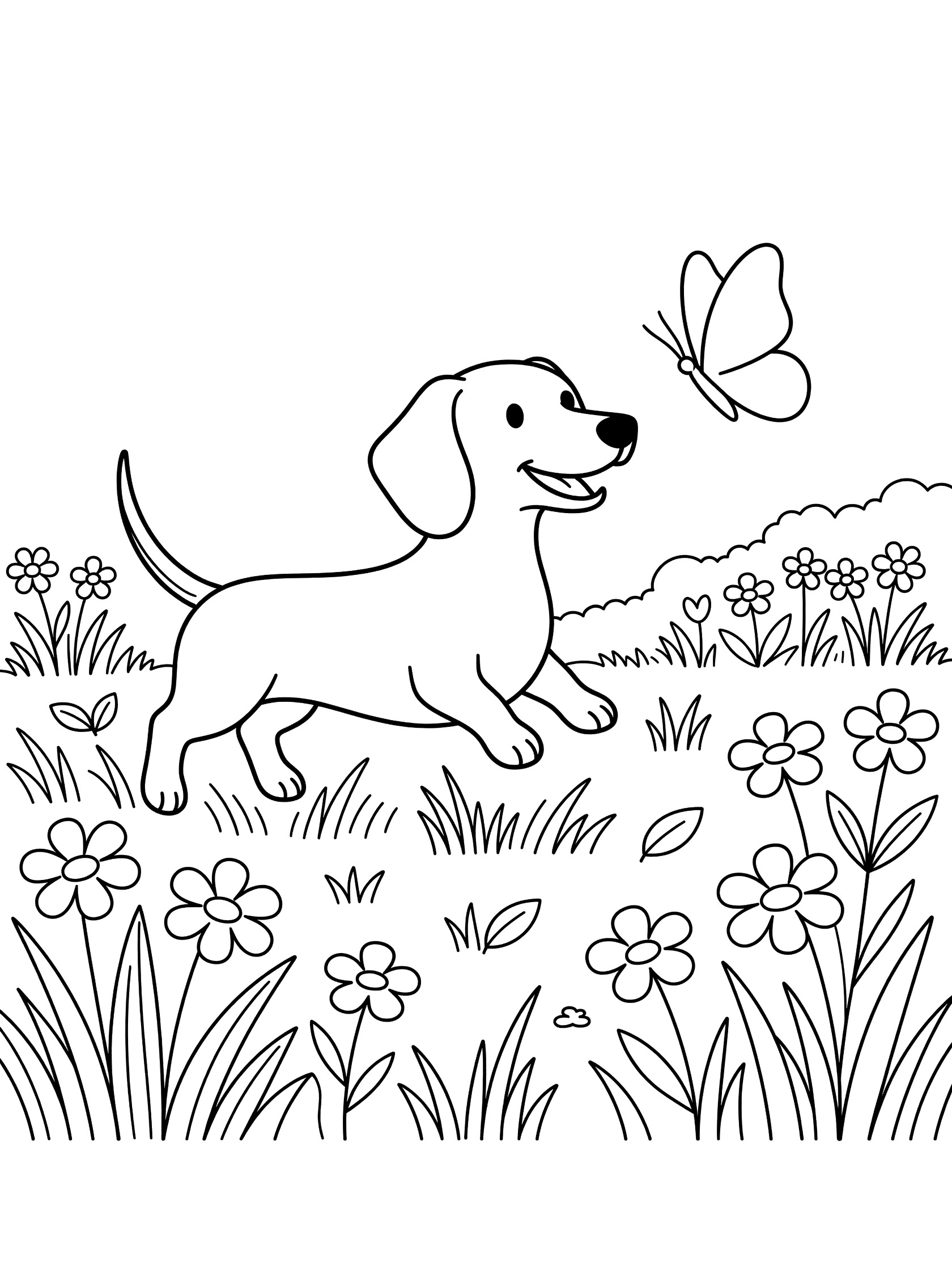 Black and white line art coloring page showing a cheerful dachshund dog leaping after a butterfly in a flower-filled meadow.