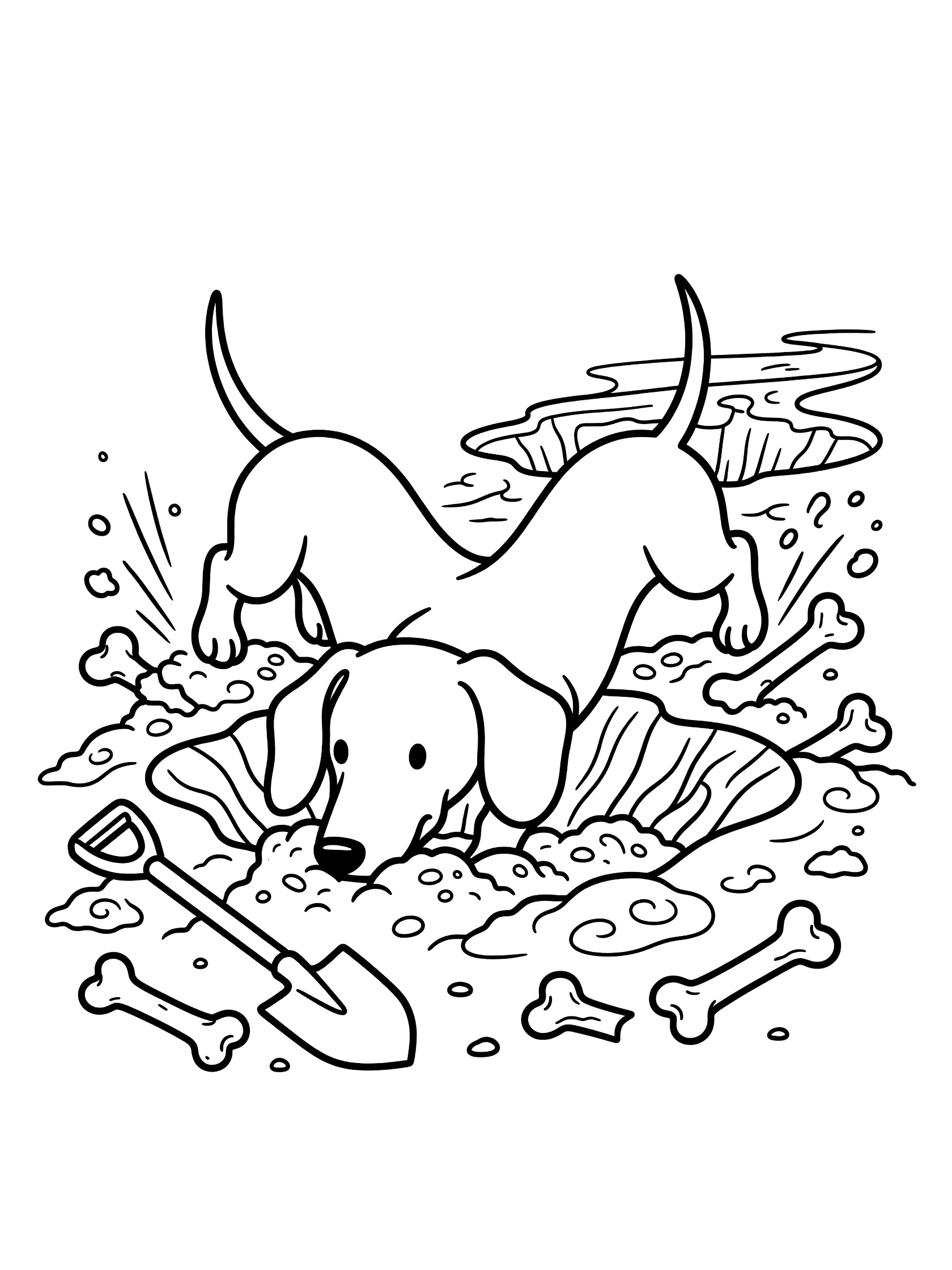 Black and white line art coloring page showing a dachshund dog with snout buried in a hole, digging dirt that flies up, shovel and scattered bones nearby.