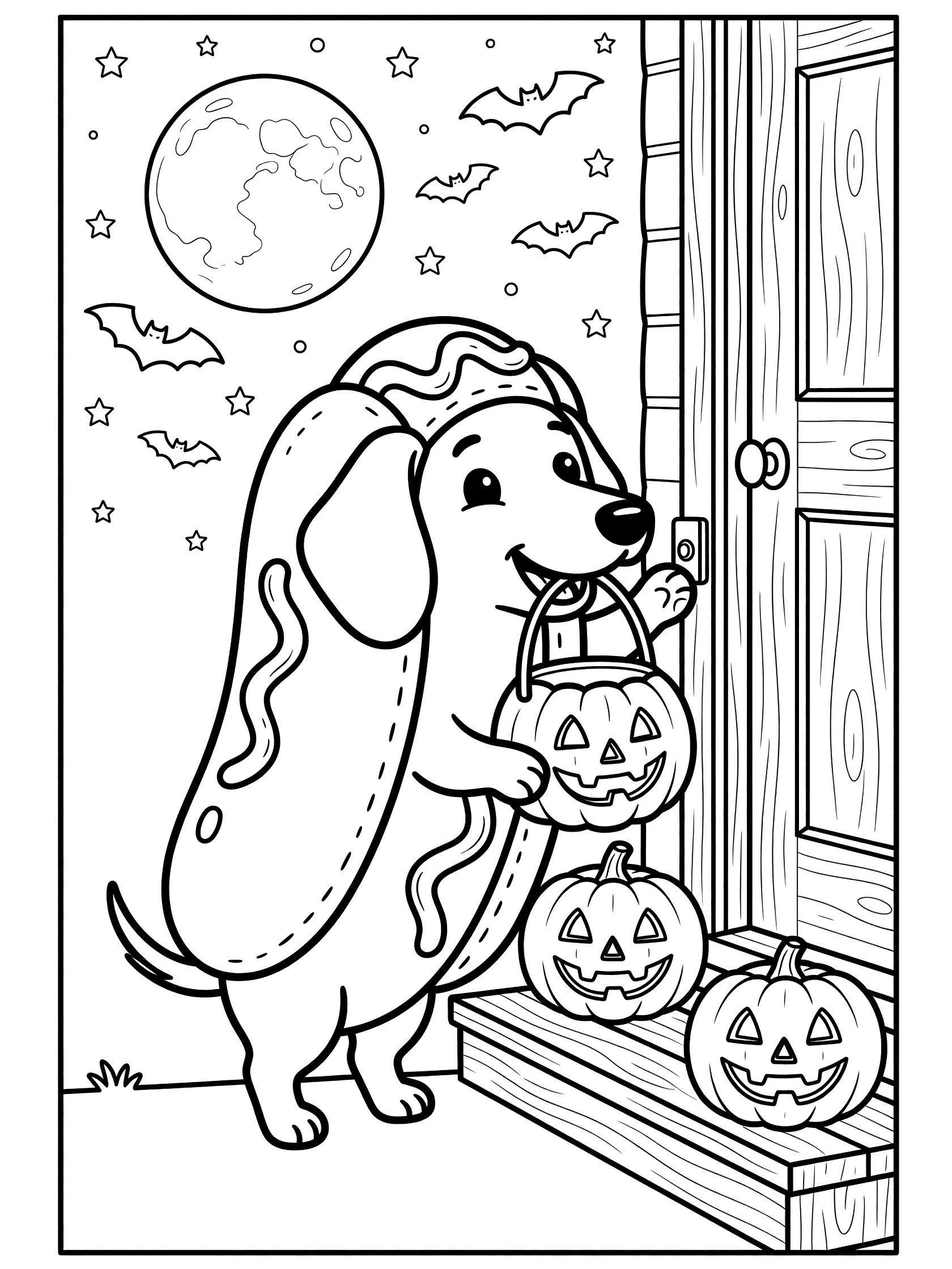 Black and white line art coloring page showing a cartoon Dachshund dog dressed as a hot dog holding a pumpkin bucket, ringing a doorbell with Halloween pumpkins, bats, moon, and stars.