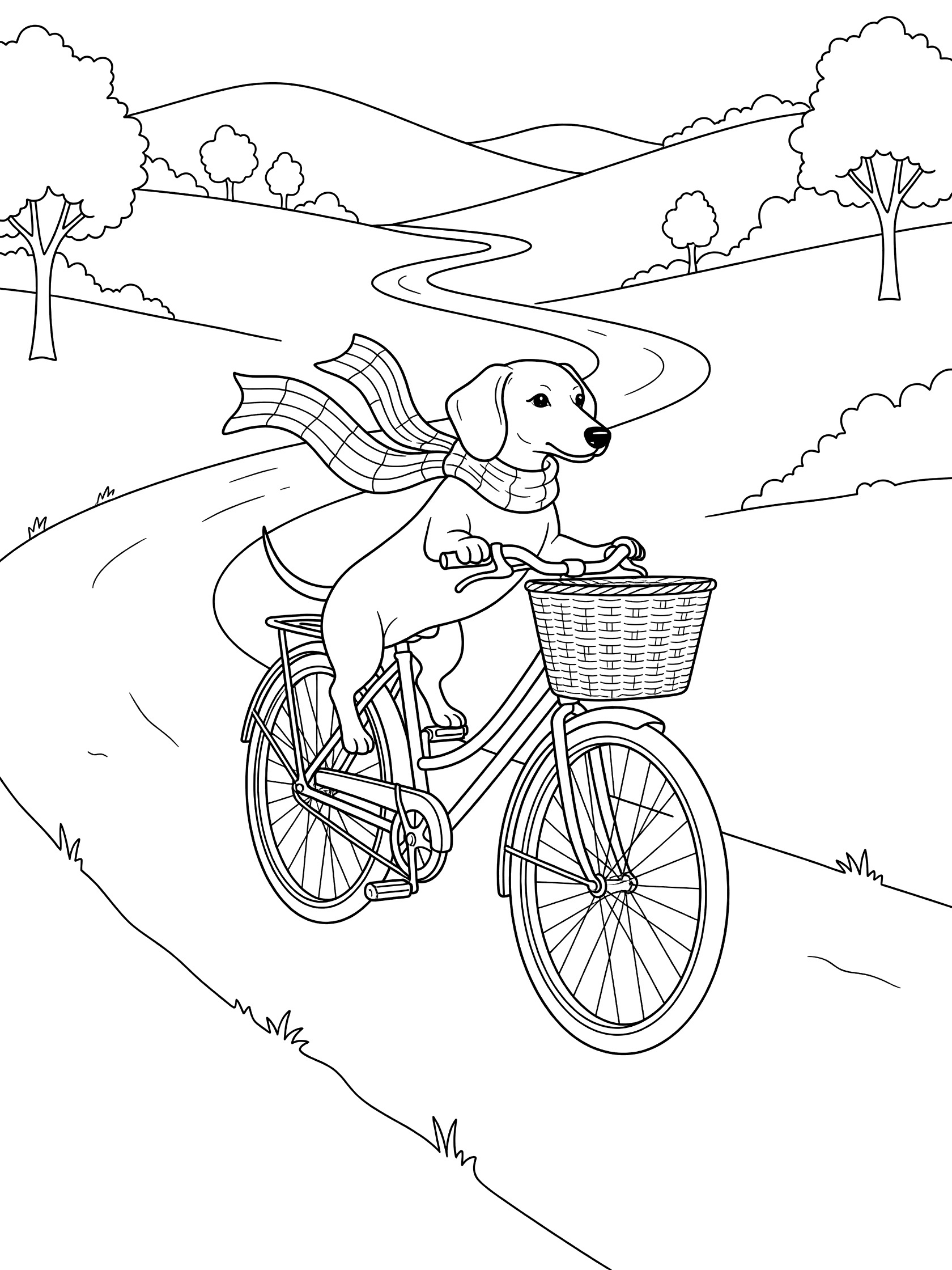 Line art coloring page showing a dachshund dog with scarf riding a bicycle with front basket down a curvy road lined by trees and hills