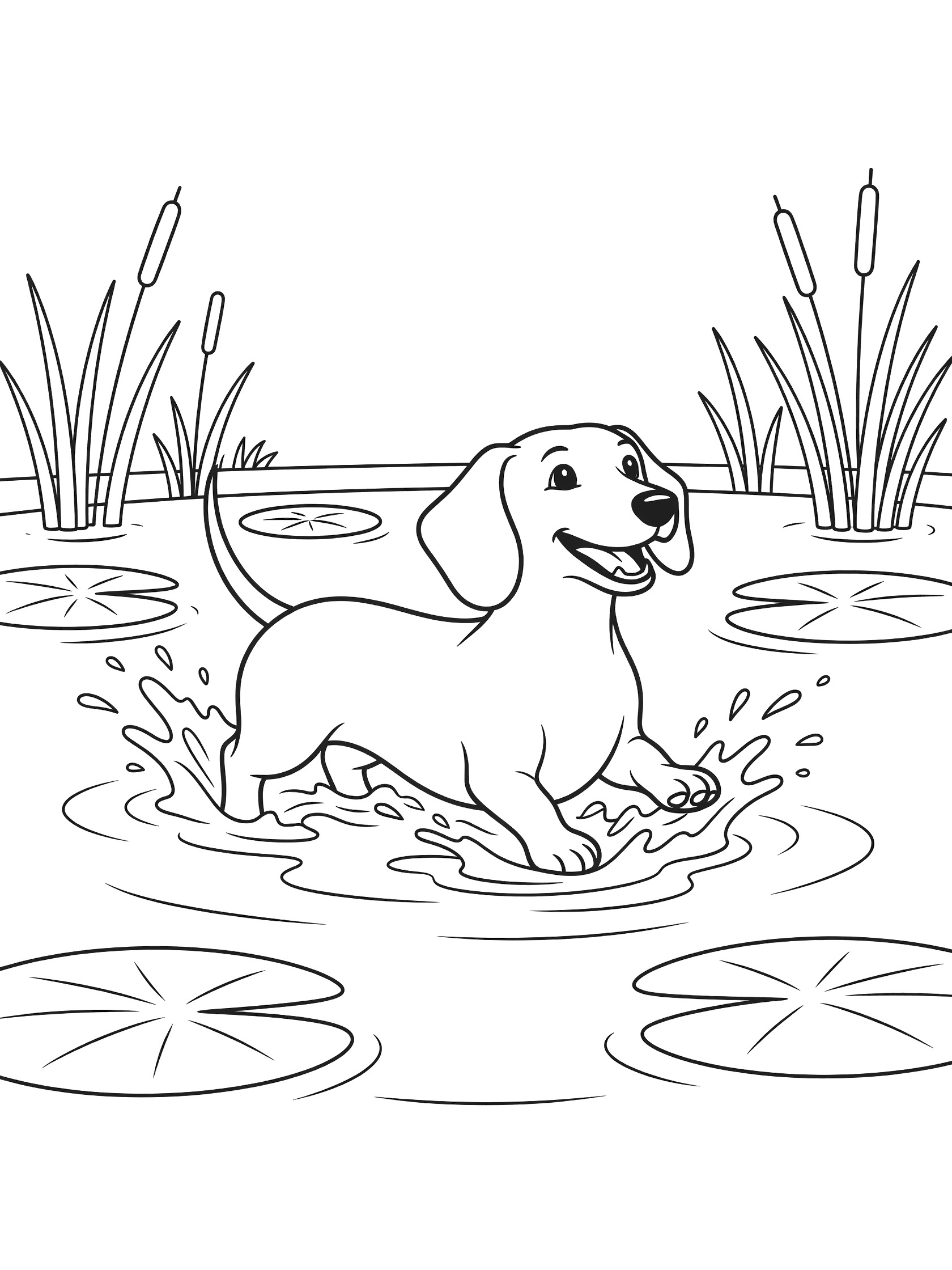 Black and white line art coloring page showing a dachshund dog splashing in a shallow pond surrounded by lily pads and reeds with water droplets in the air.