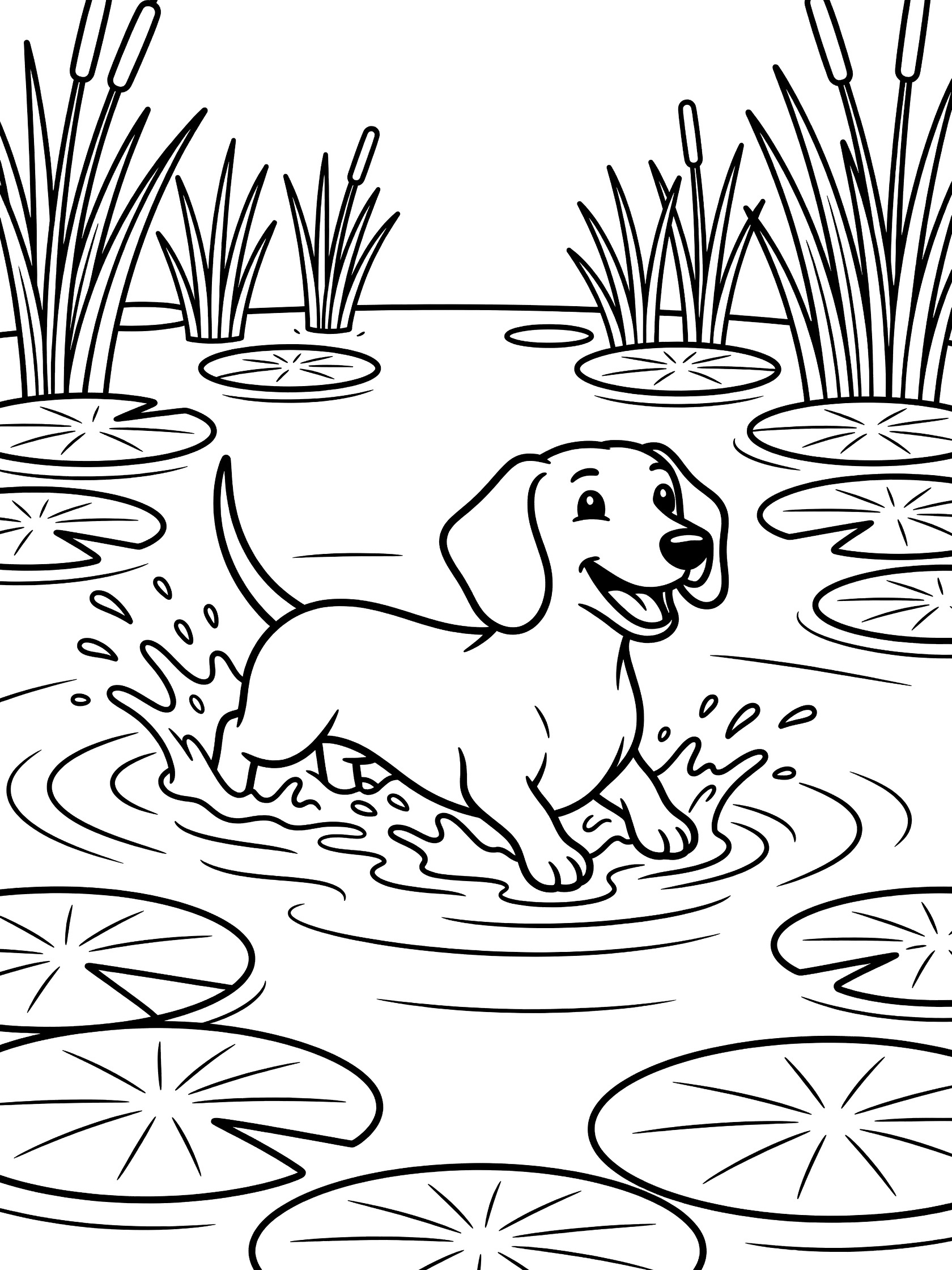 Black and white line art coloring page showing a dachshund dog paddling in shallow pond water with splashes, surrounded by lily pads and tall reeds.