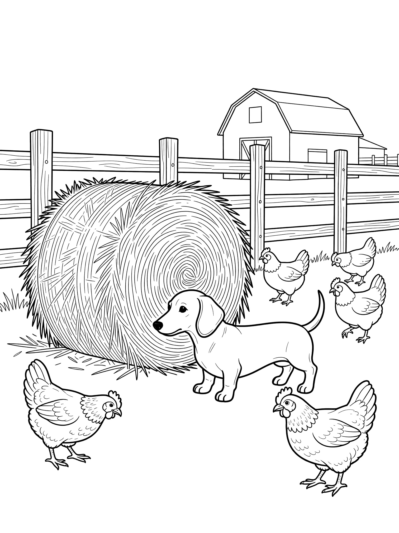 Black and white line art coloring page showing a dachshund dog sniffing a large hay bale surrounded by chickens in a farmyard with wooden fence and barn.