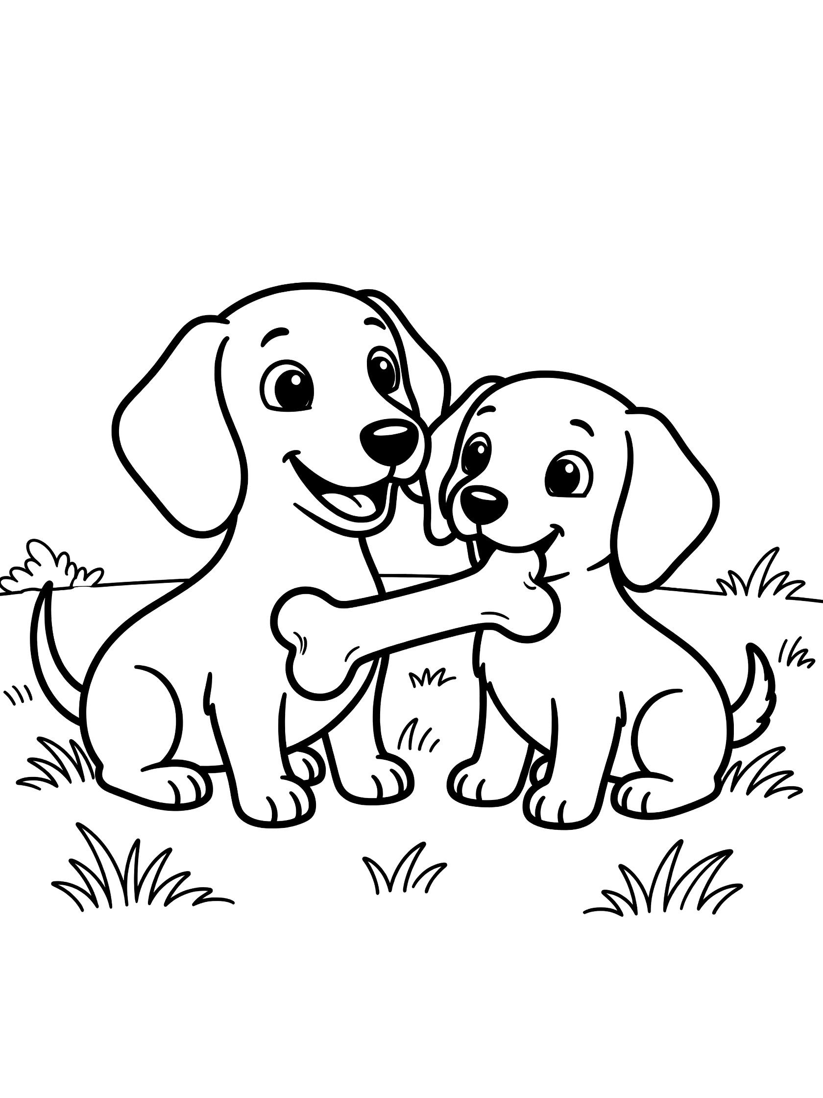 Black and white line art coloring page showing a happy adult dachshund and small puppy with big eyes and floppy ears, leaning together to share a large bone on grass.