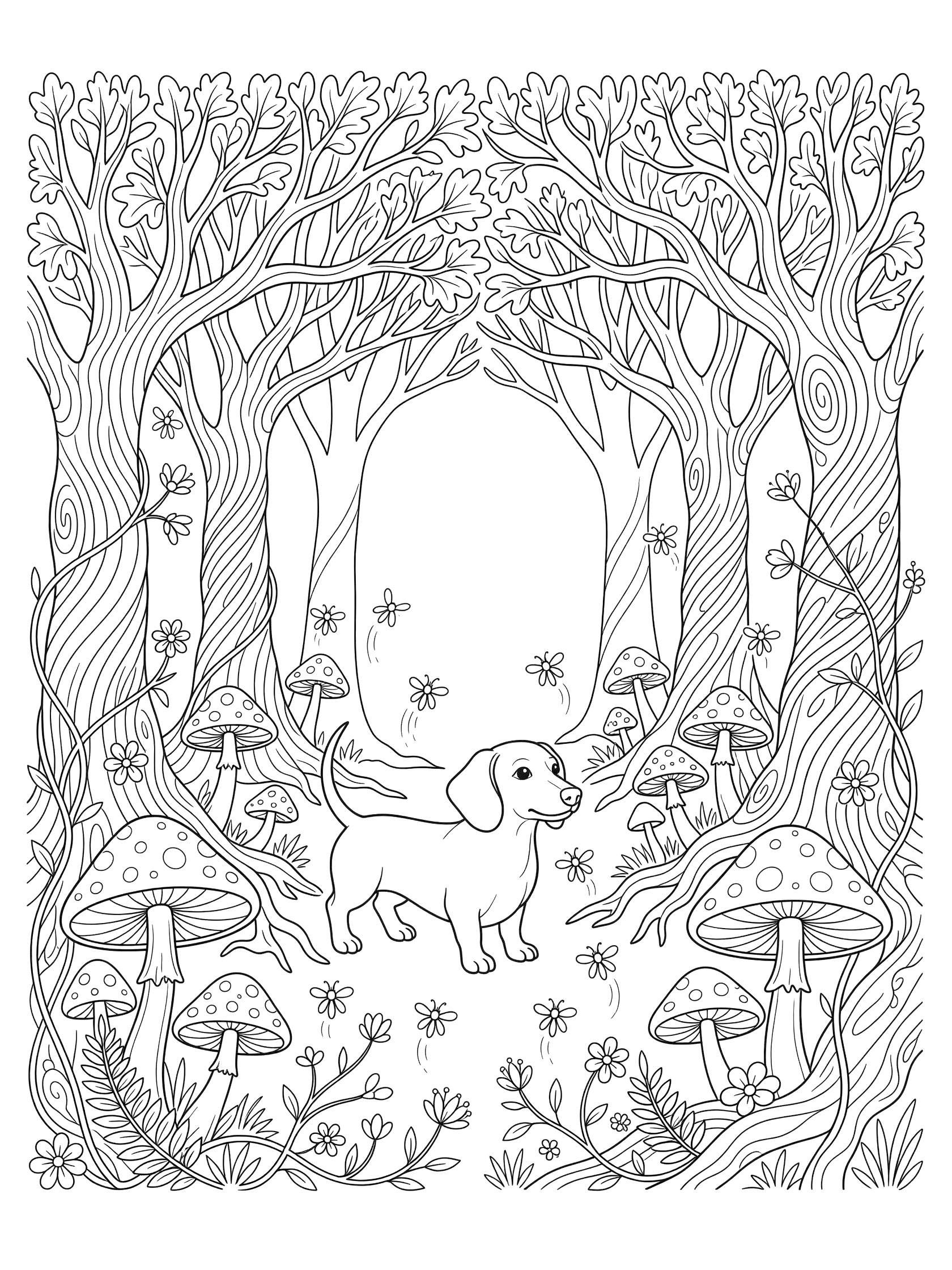 Printable coloring page showing a dachshund puppy in a detailed forest scene with twisted trees, mushrooms, vines, flowers and fireflies