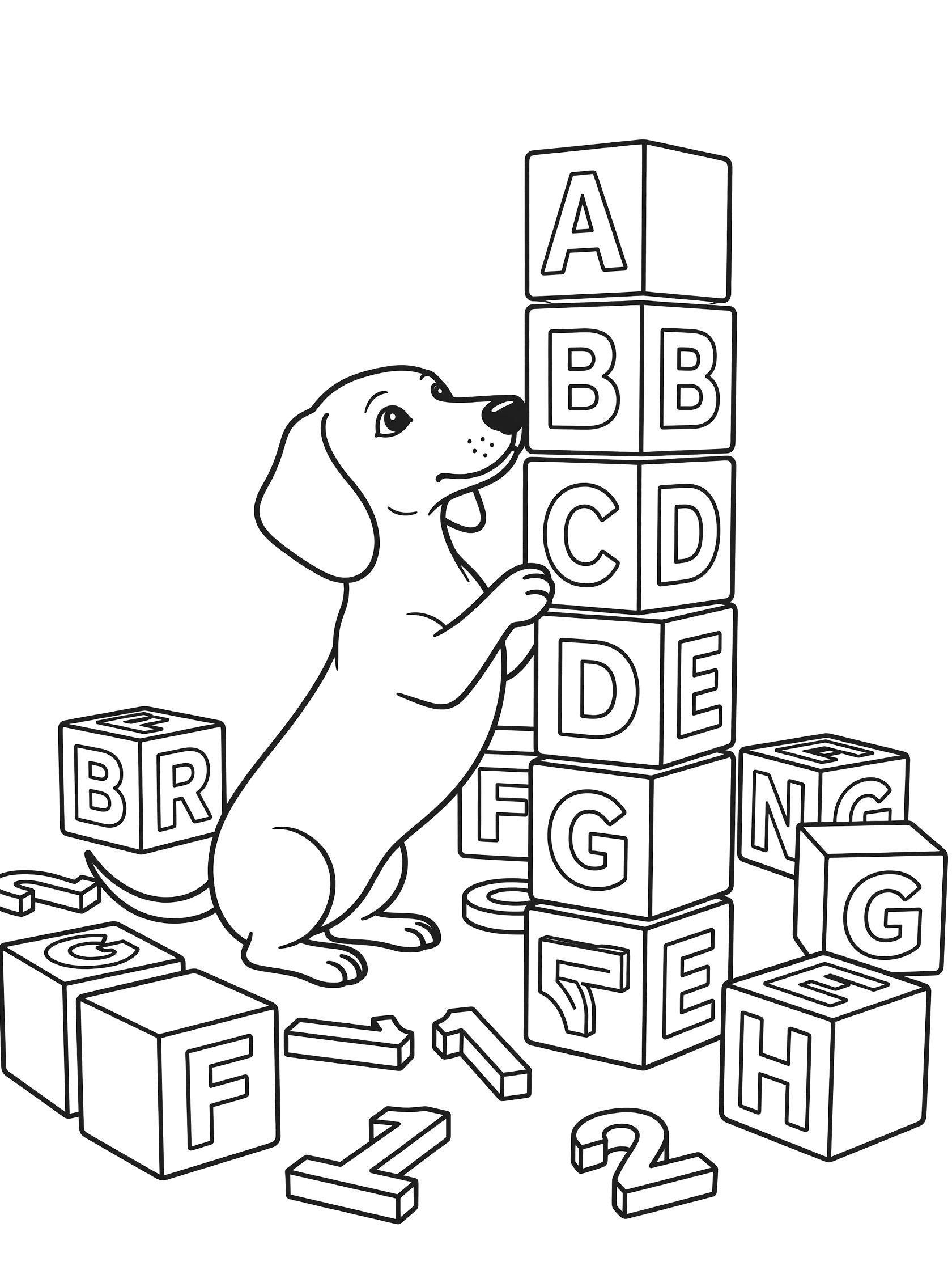 Line art coloring page showing a dachshund dog on hind legs stacking oversized ABC blocks into a tower, with extra blocks and numbers on the floor.