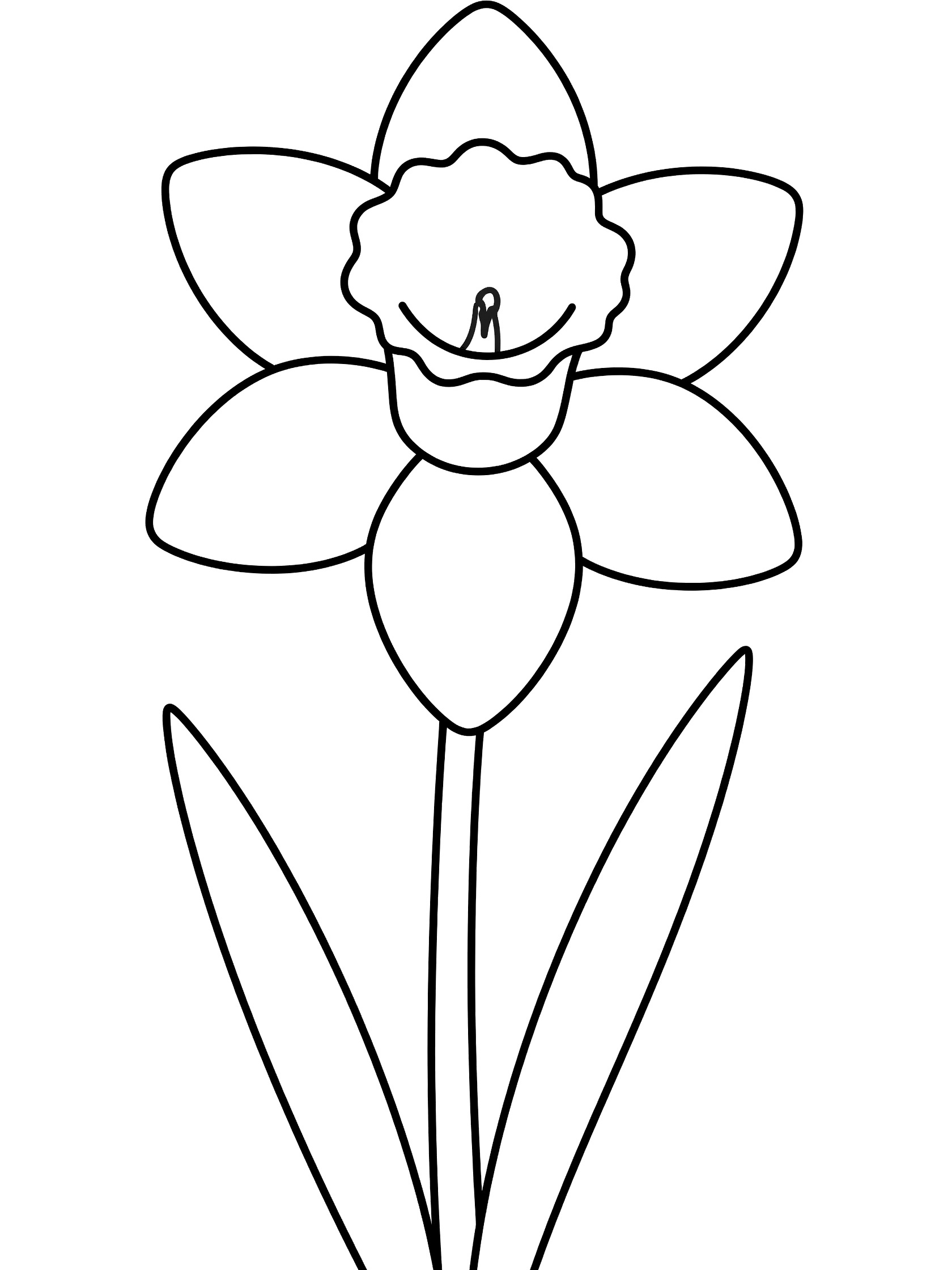 Black and white line art coloring page of a single daffodil flower with trumpet-shaped center, six smooth petals, straight stem and two long leaves.