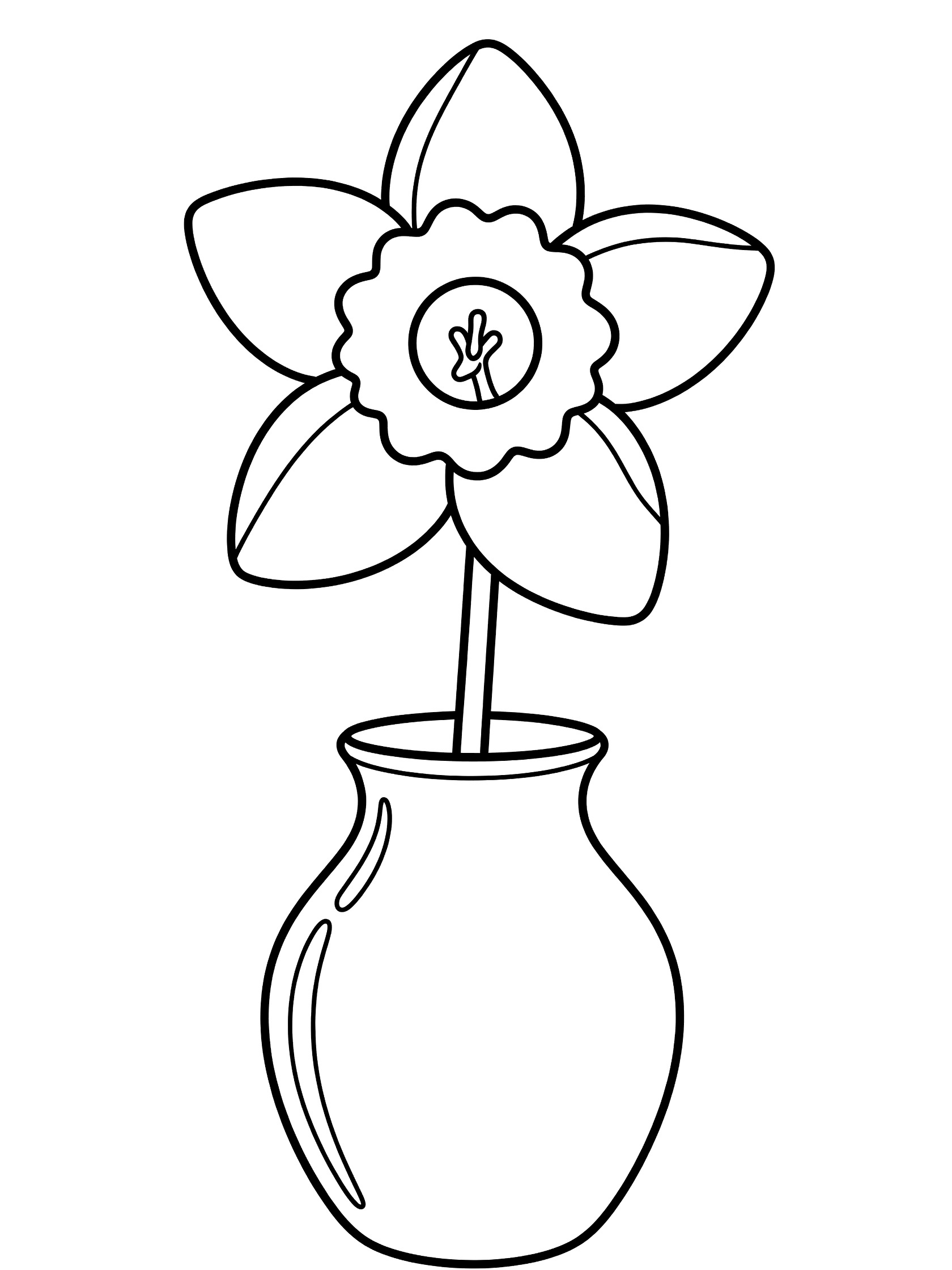 Black and white line drawing of a cheerful daffodil flower with trumpet center and curling petals in a rounded vase with decorative lines.