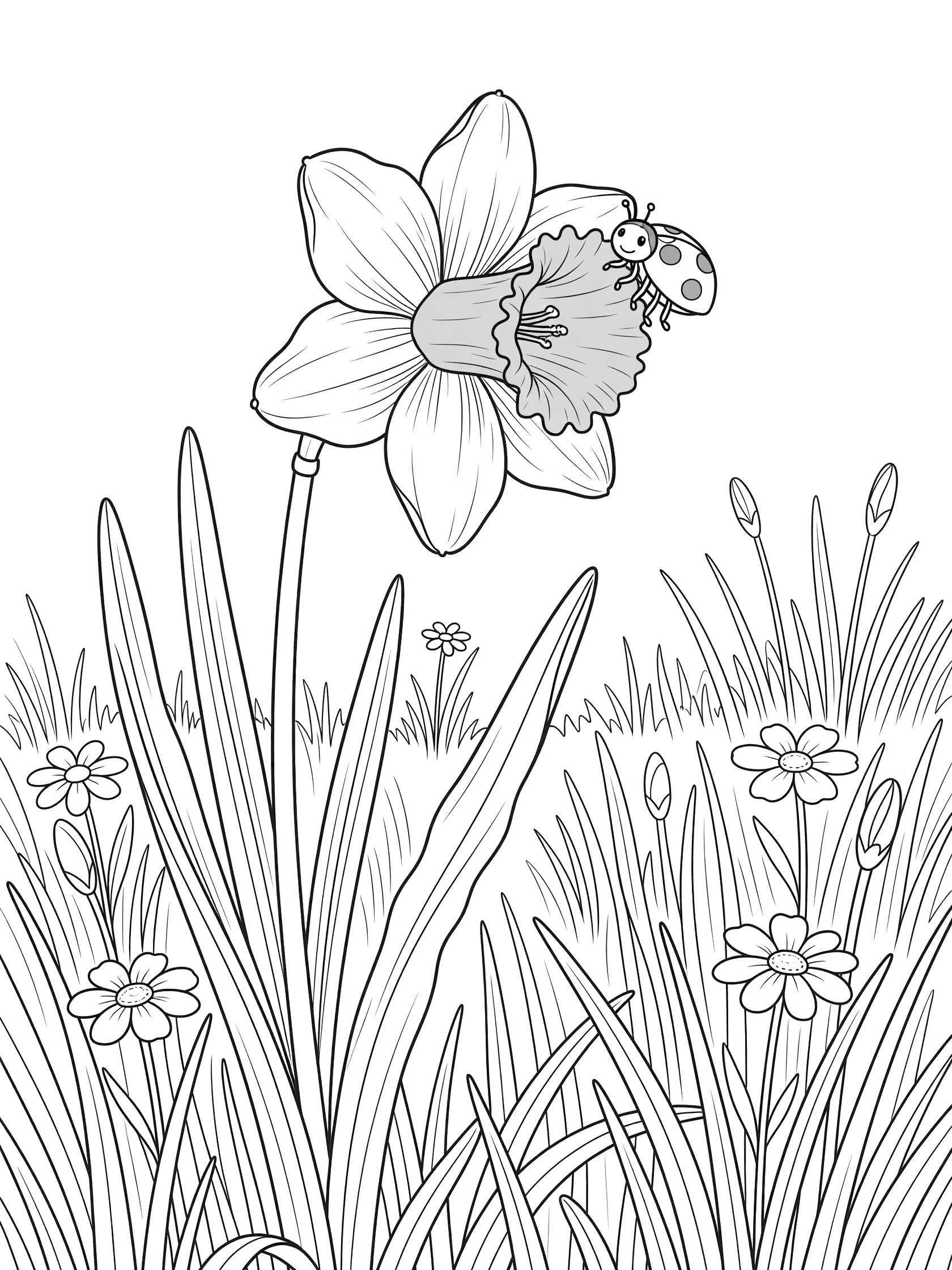 Black and white line art of a daffodil flower with ladybug, tall leaves, grass, and small daisies