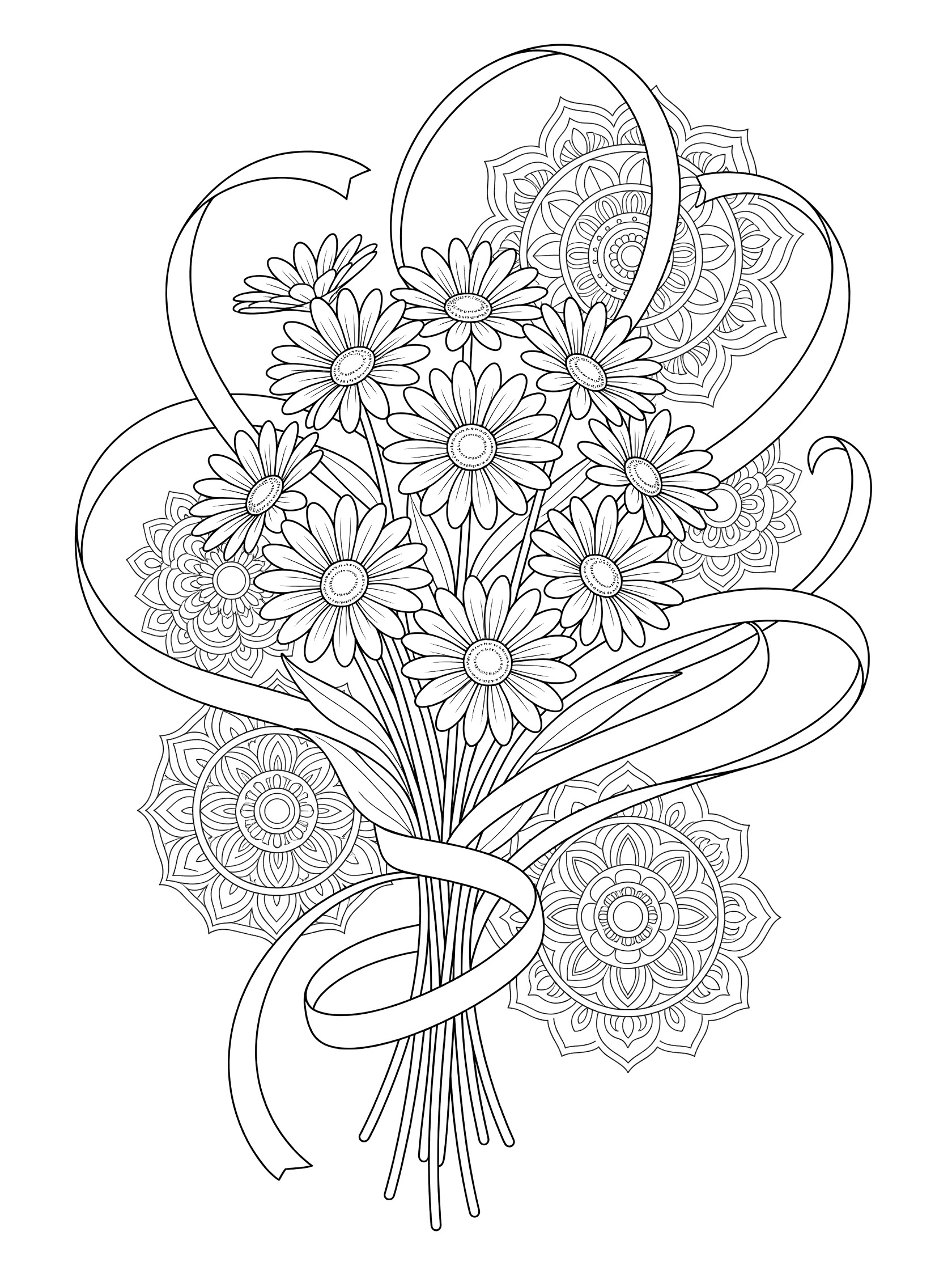 Black and white line art coloring page of a bouquet of daisies tied with swirling ribbons and mandala designs. Bouquets themed black and white printable line art