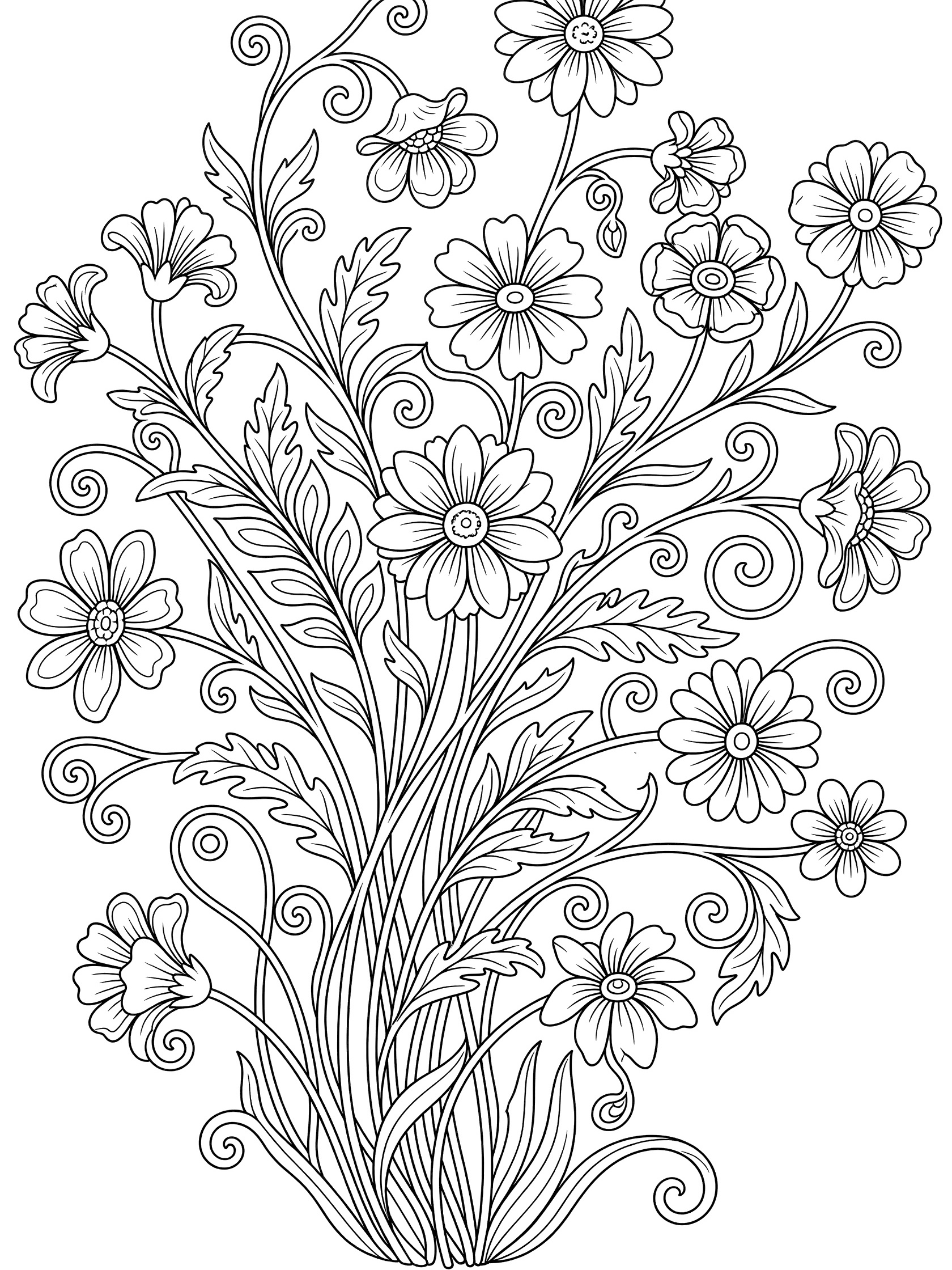 Black and white line art coloring page of a bouquet of daisies with curly stems, leaves, and flower buds on a pure white background. Bouquets themed black and white printable line art