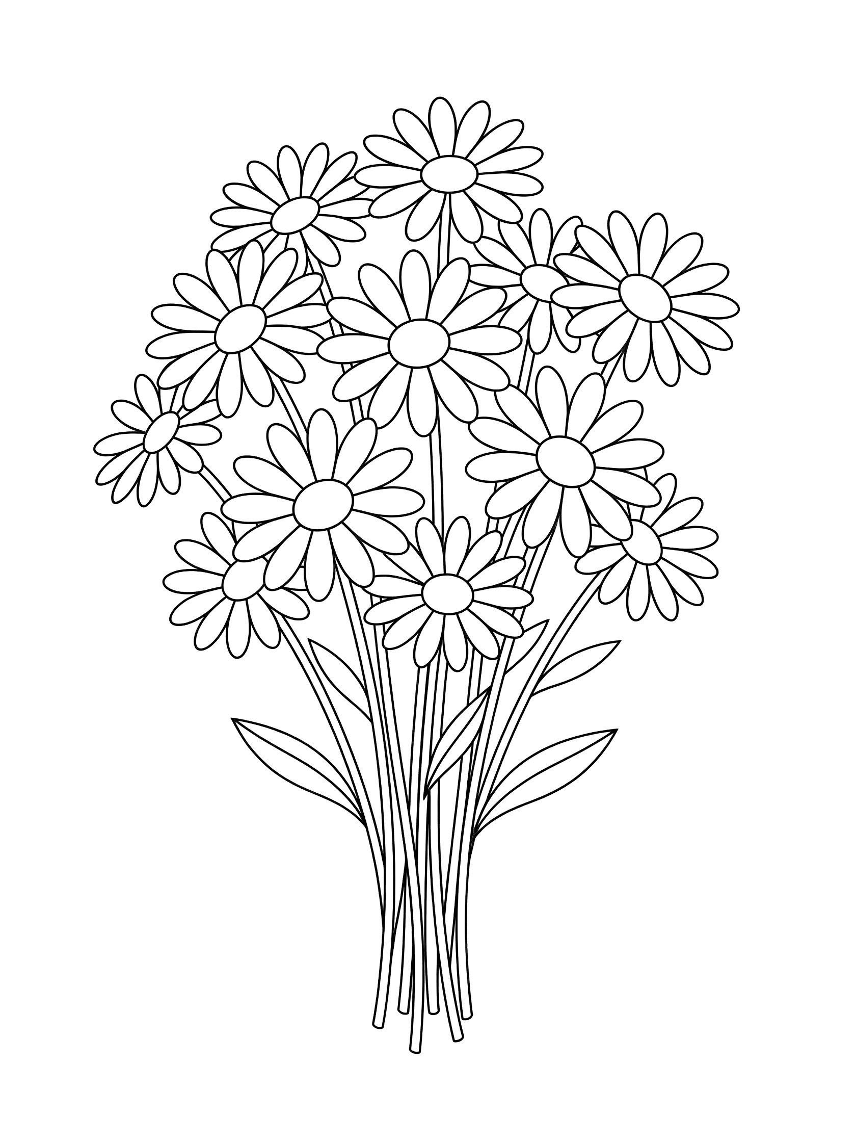 Black and white line drawing of a bouquet of daisies with white petals, yellow centers, and green stems bundled together. Bouquets themed black and white printable line art