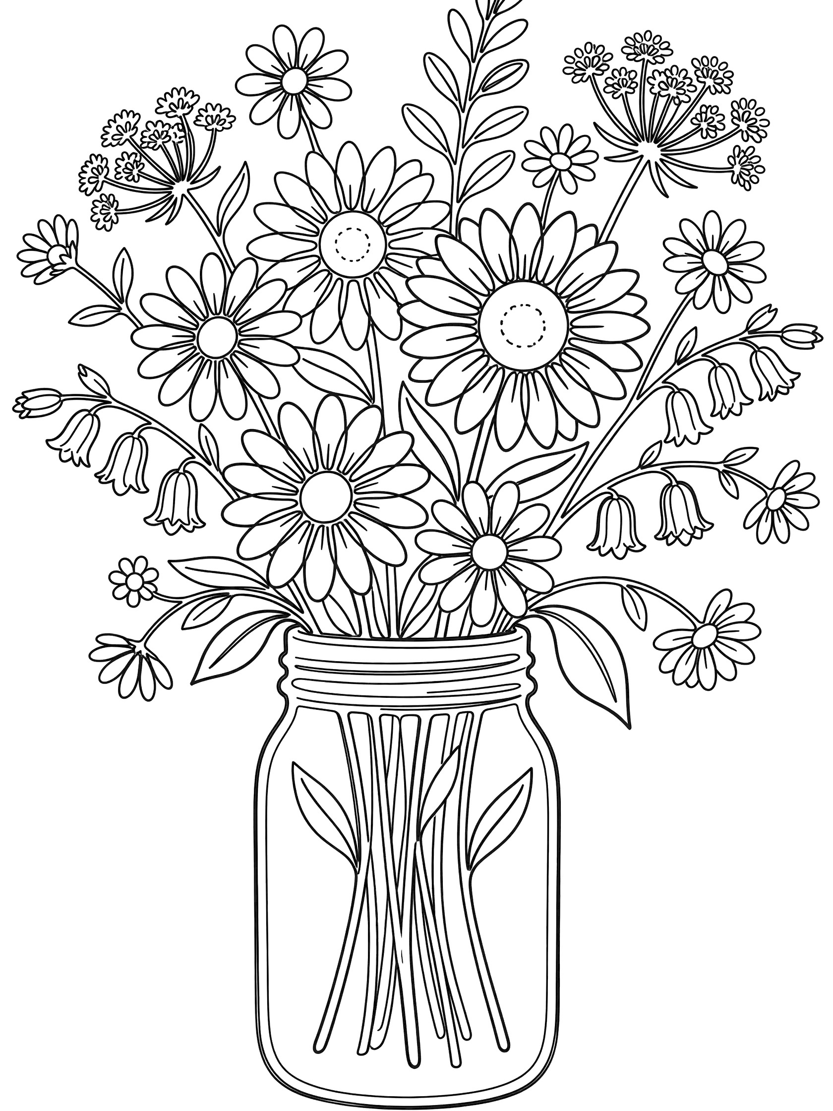 Black and white line art of daisies and wildflowers overflowing from a mason jar, printable coloring page for kids. Bouquets themed black and white printable line art