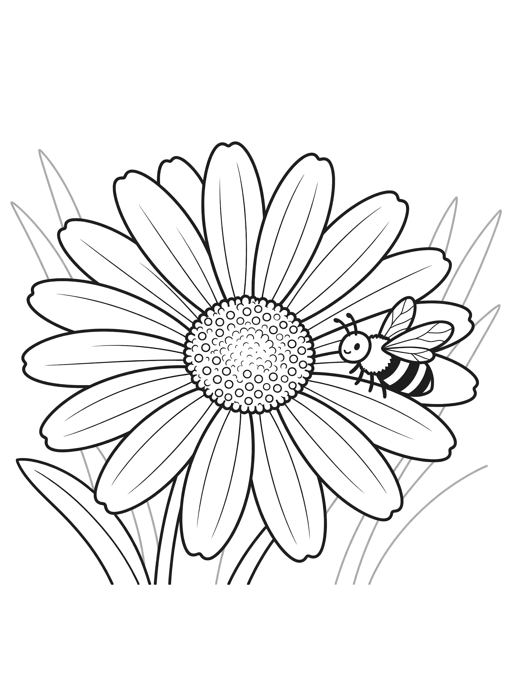 Black and white coloring page of a daisy flower with a bee landing on a petal, detailed wings and stripes on the bee, cartoon style