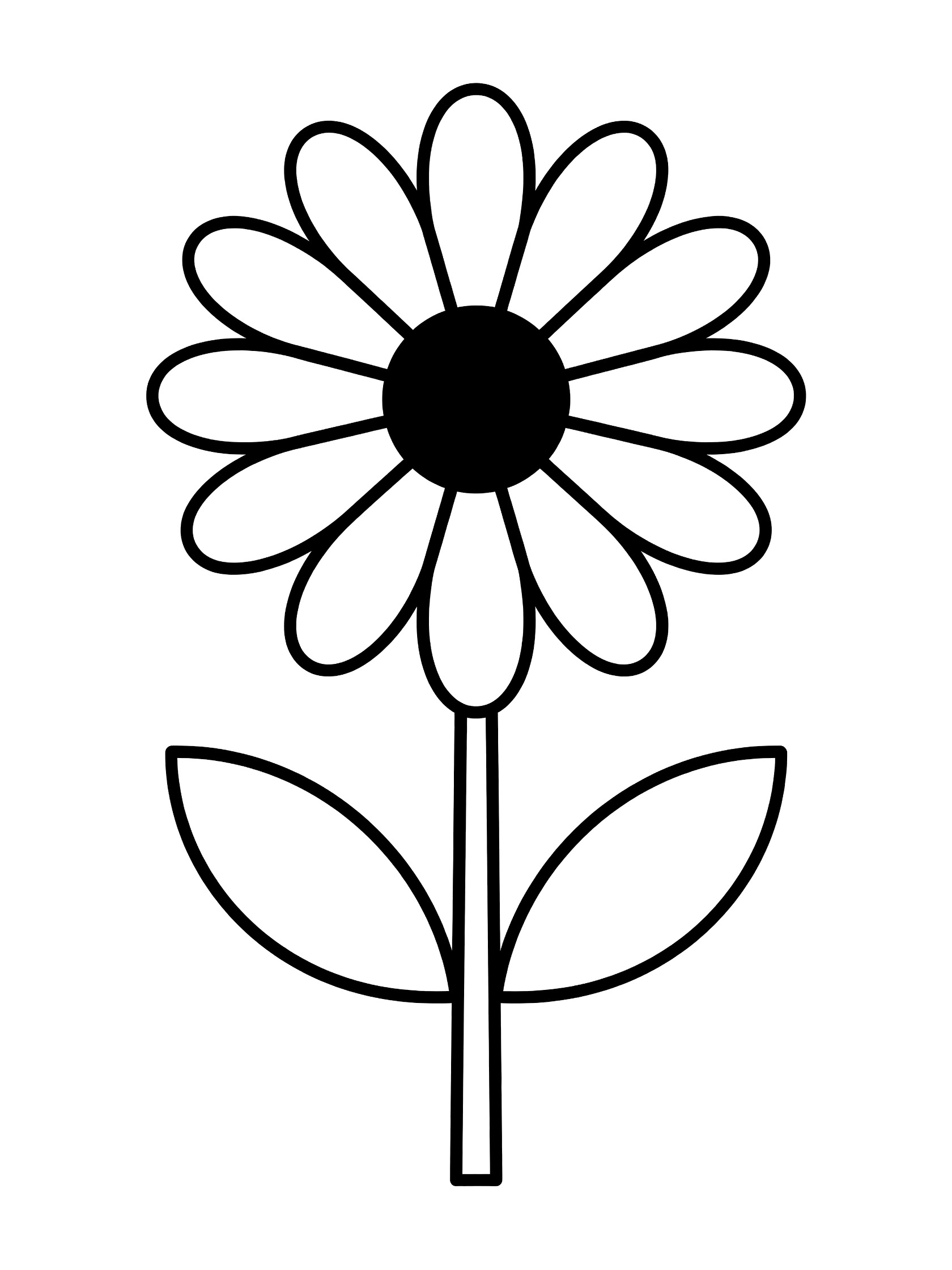 Black and white line art of a daisy flower with rounded petals around a round center on a straight stem with two leaves, coloring book style