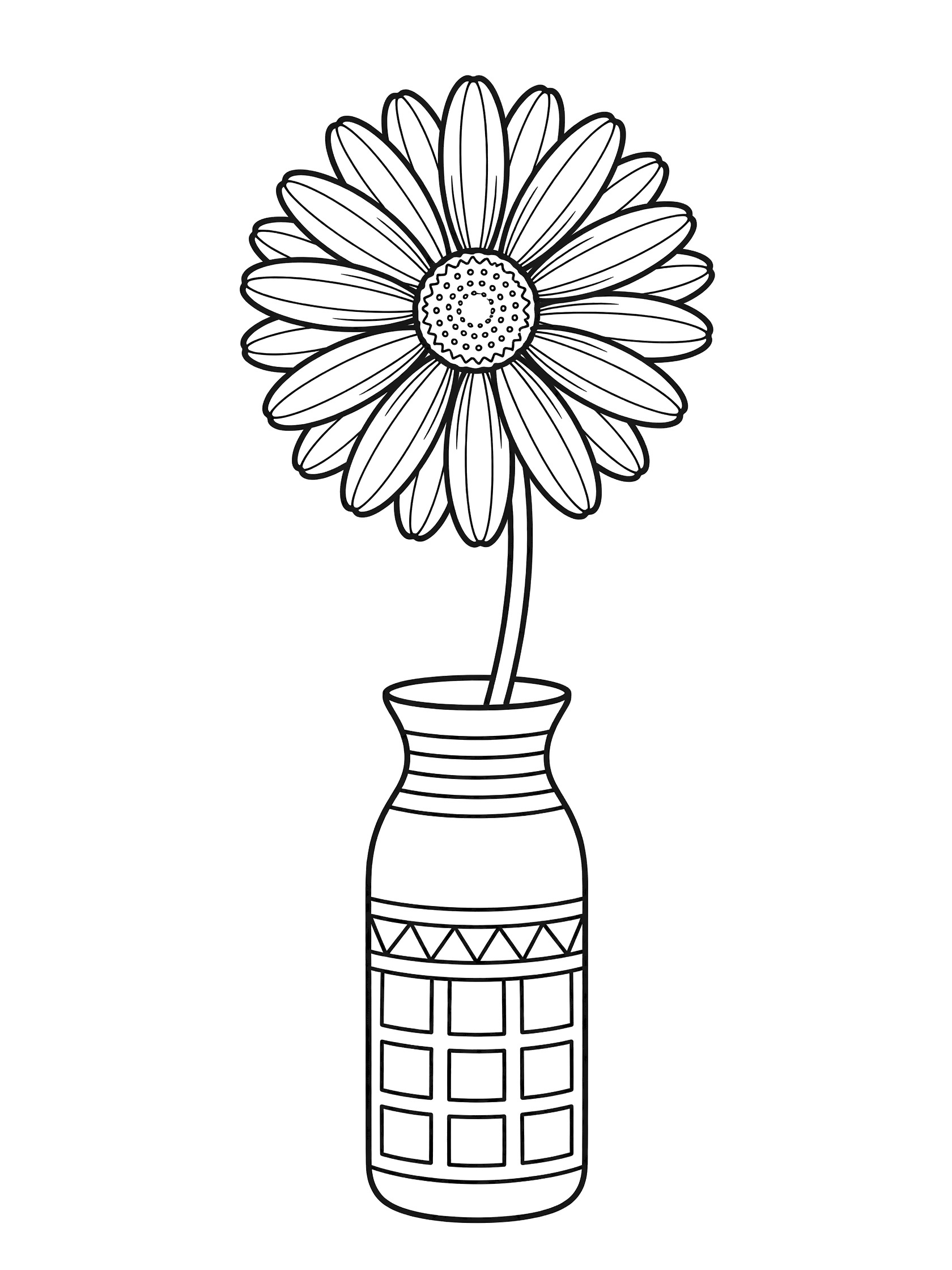 Black and white coloring page of a daisy flower with layered petals on a leaning stem inside a tall vase with geometric patterns