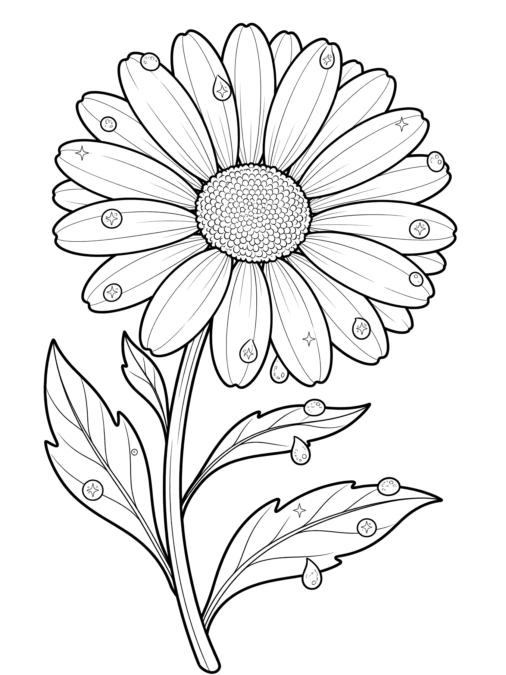 Black and white coloring page of a daisy flower with dew drops on petals, leaves, and stem