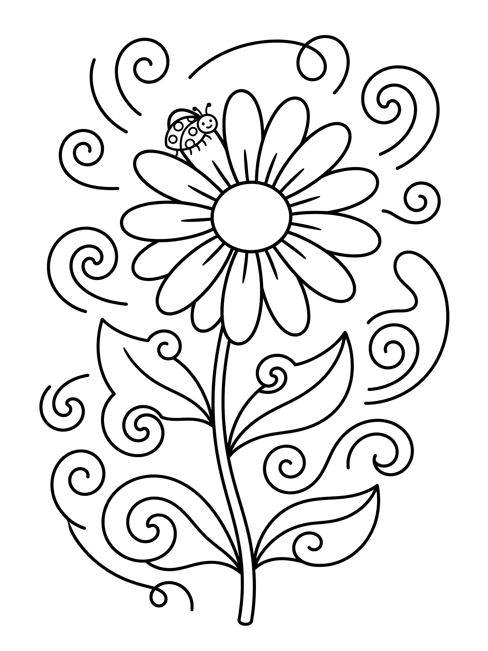 Black and white line drawing of a daisy flower with a ladybug perched on one petal, stem with leaves, and fun swirly lines around it.