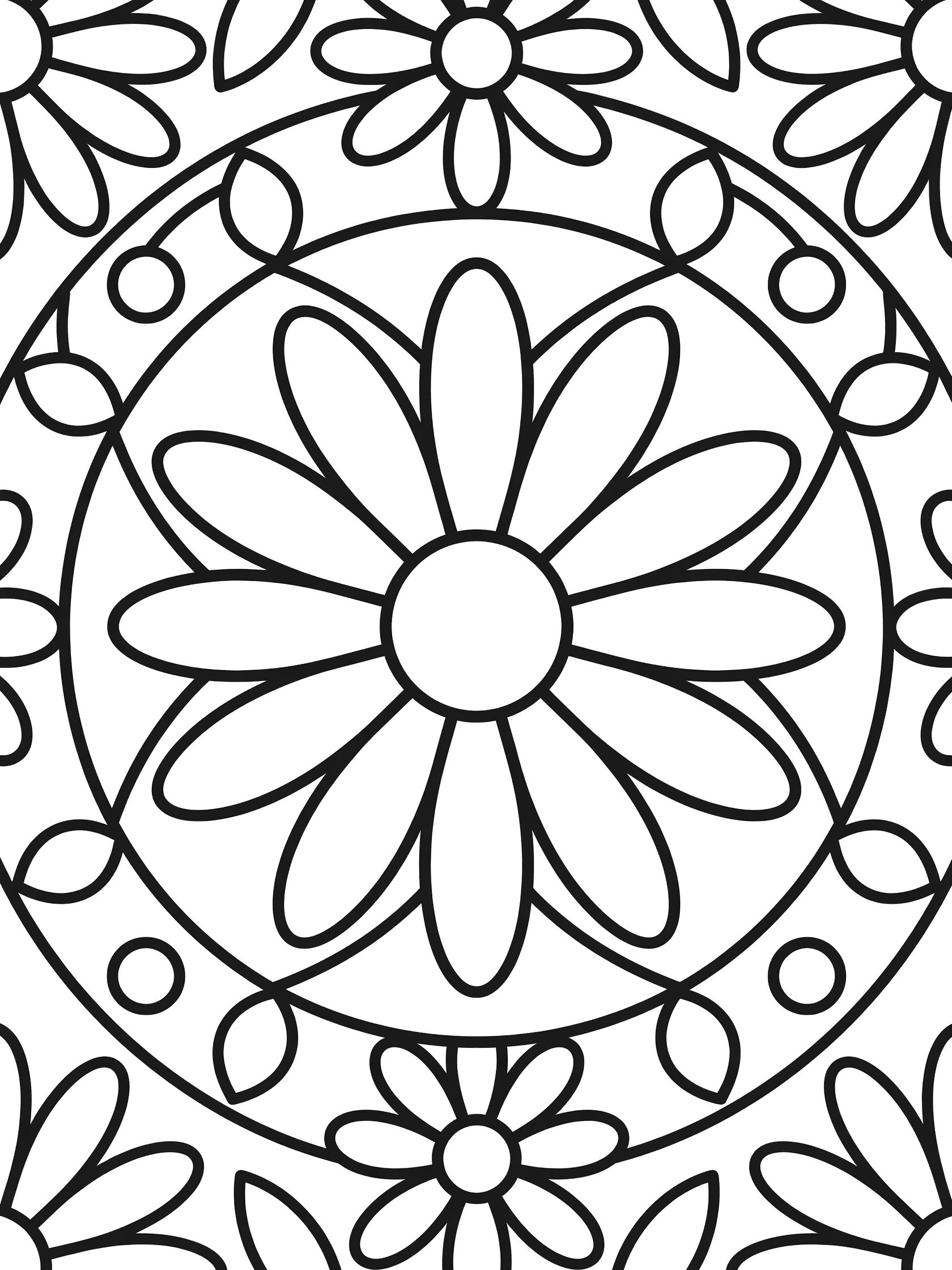 Black and white Daisy Mandala coloring page featuring a central daisy flower with radiating petals, repeating daisies, leaves, and circular patterns.