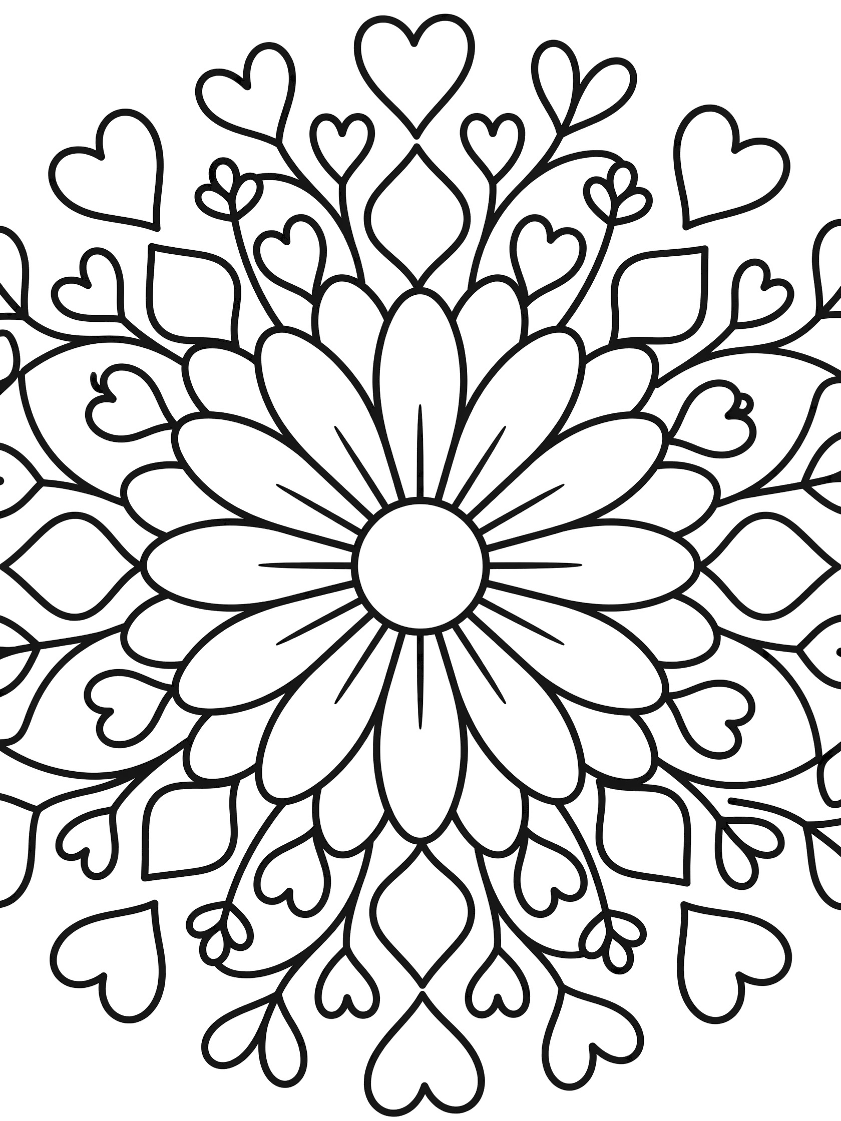 Black and white line art of a symmetrical Daisy Mandala featuring a blooming central daisy with wide petals, surrounded by heart-shaped leaves, curving vines, and repeating bud motifs.