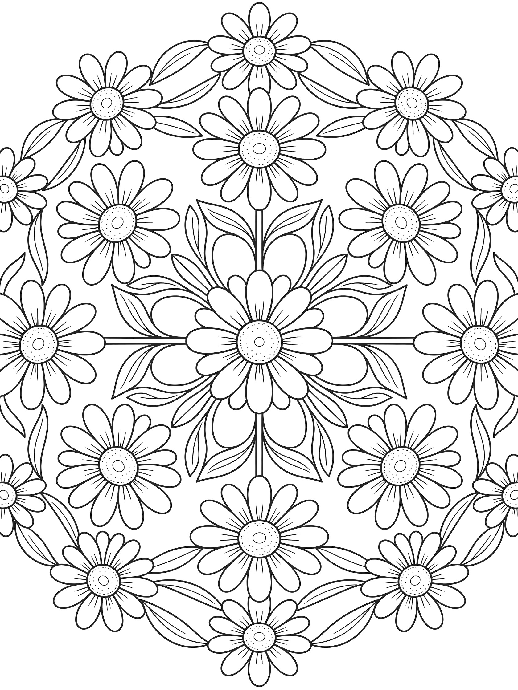 Black and white circular Daisy Mandala coloring page featuring repeating symmetrical daisies with thick outlines, wide petals, centers, and leaves on white background.