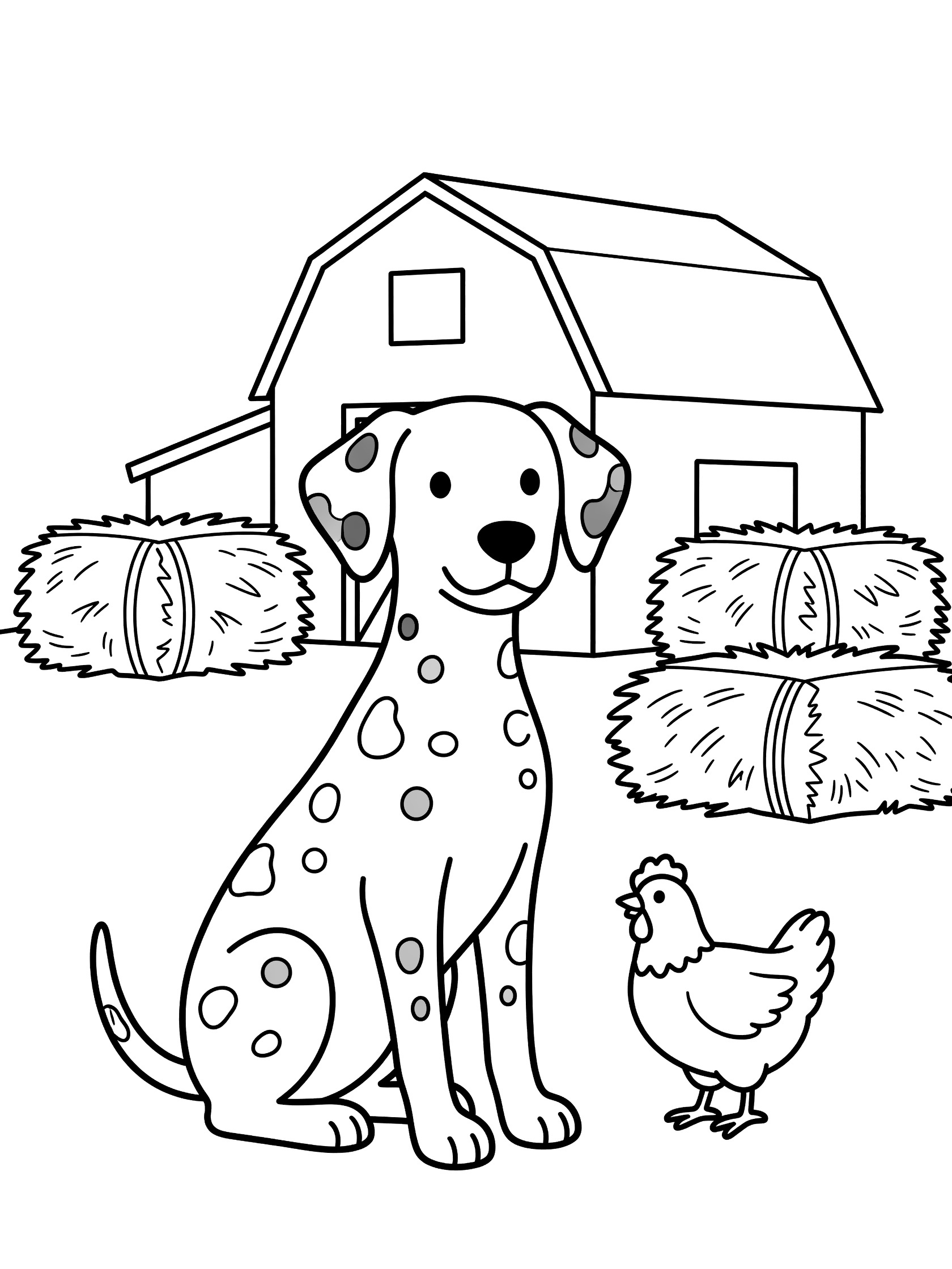 Black and white line art coloring page showing a spotted Dalmatian dog sitting near a red barn, hay bales, and a chicken in a farm scene.