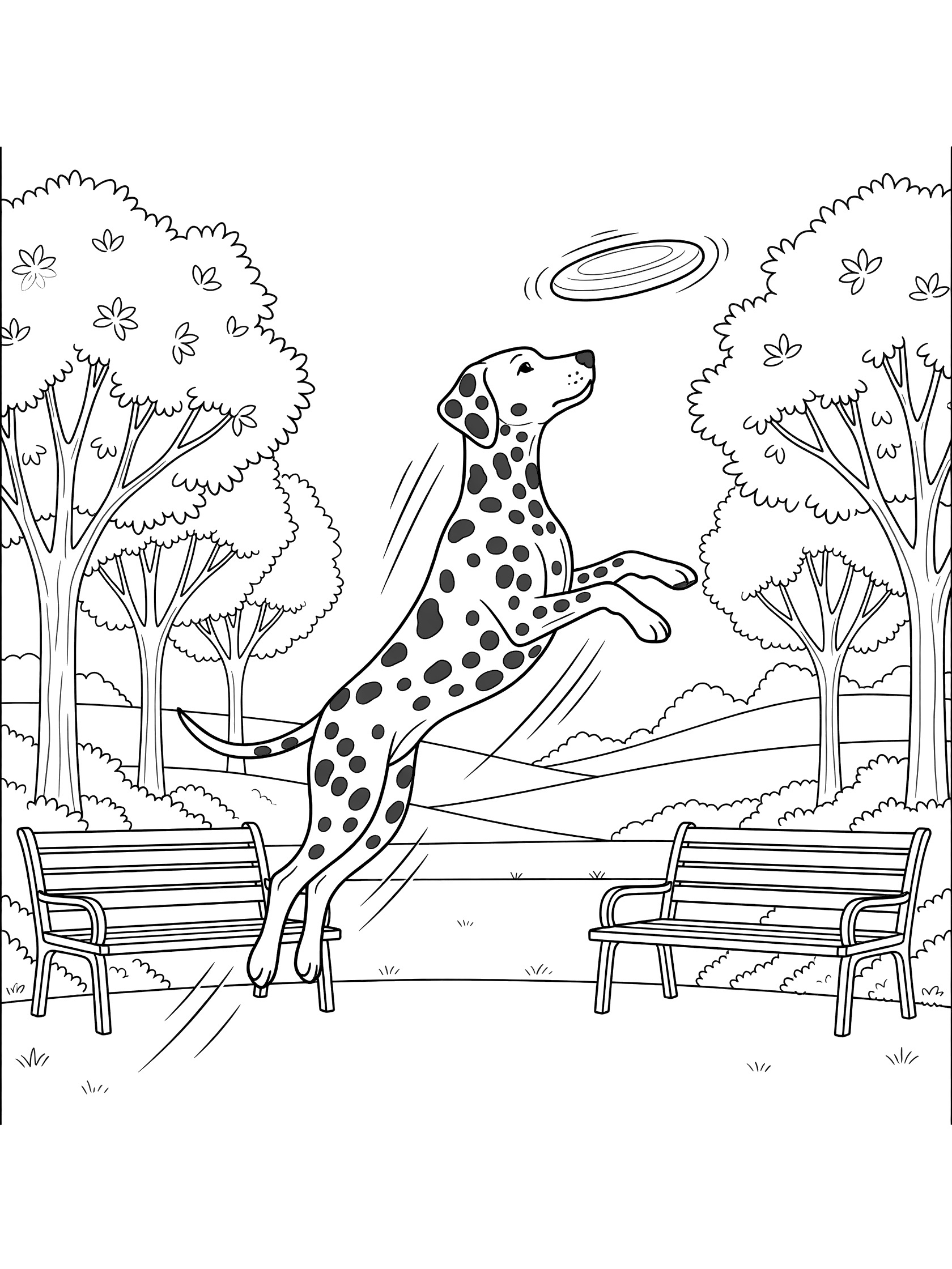 Black and white line art coloring page showing a spotted Dalmatian dog leaping to catch a flying frisbee between park benches and trees.