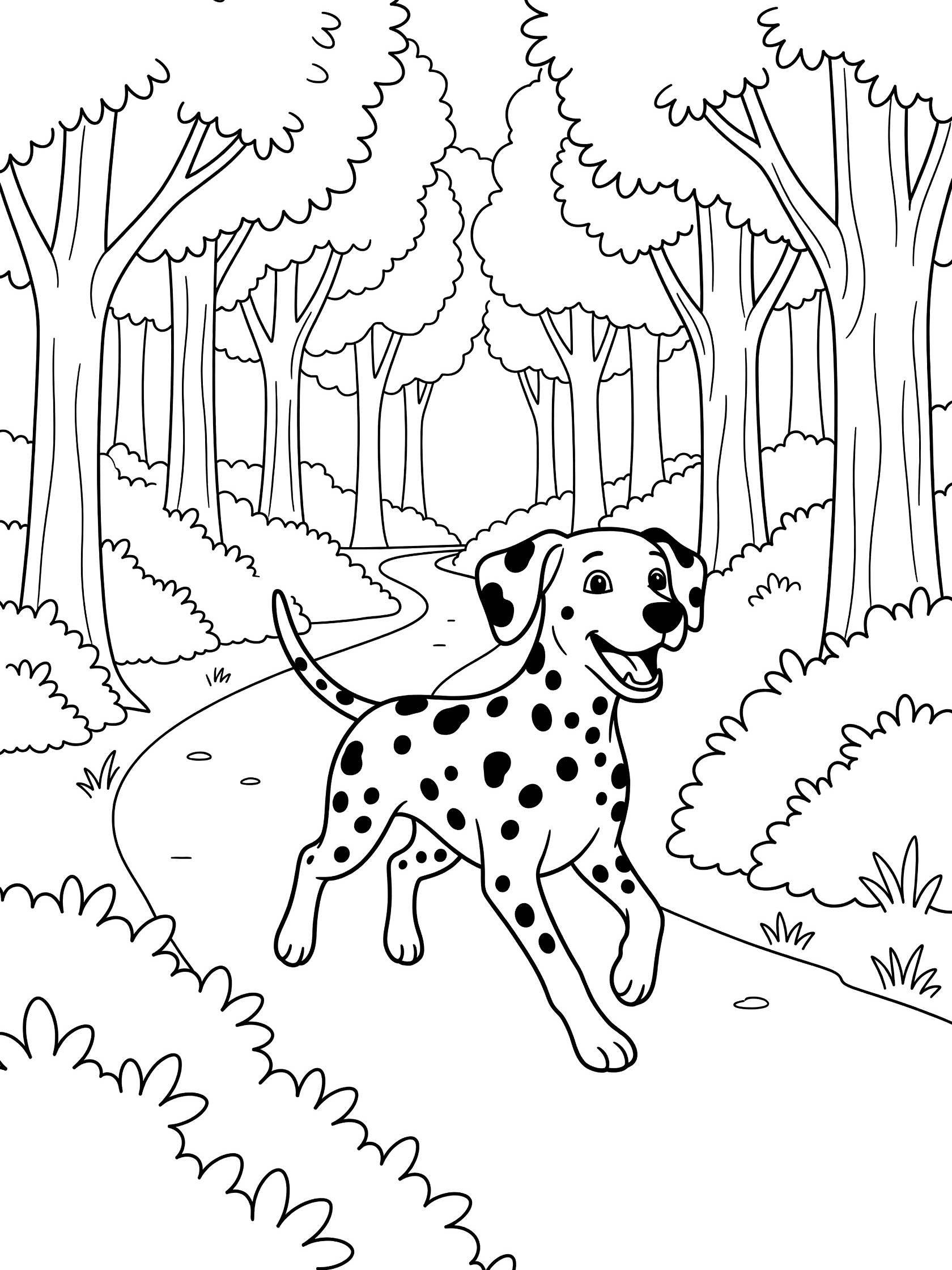 Black and white line art coloring page showing a spotted Dalmatian dog running along a winding path through a forest with tall trees and bushes on both sides.