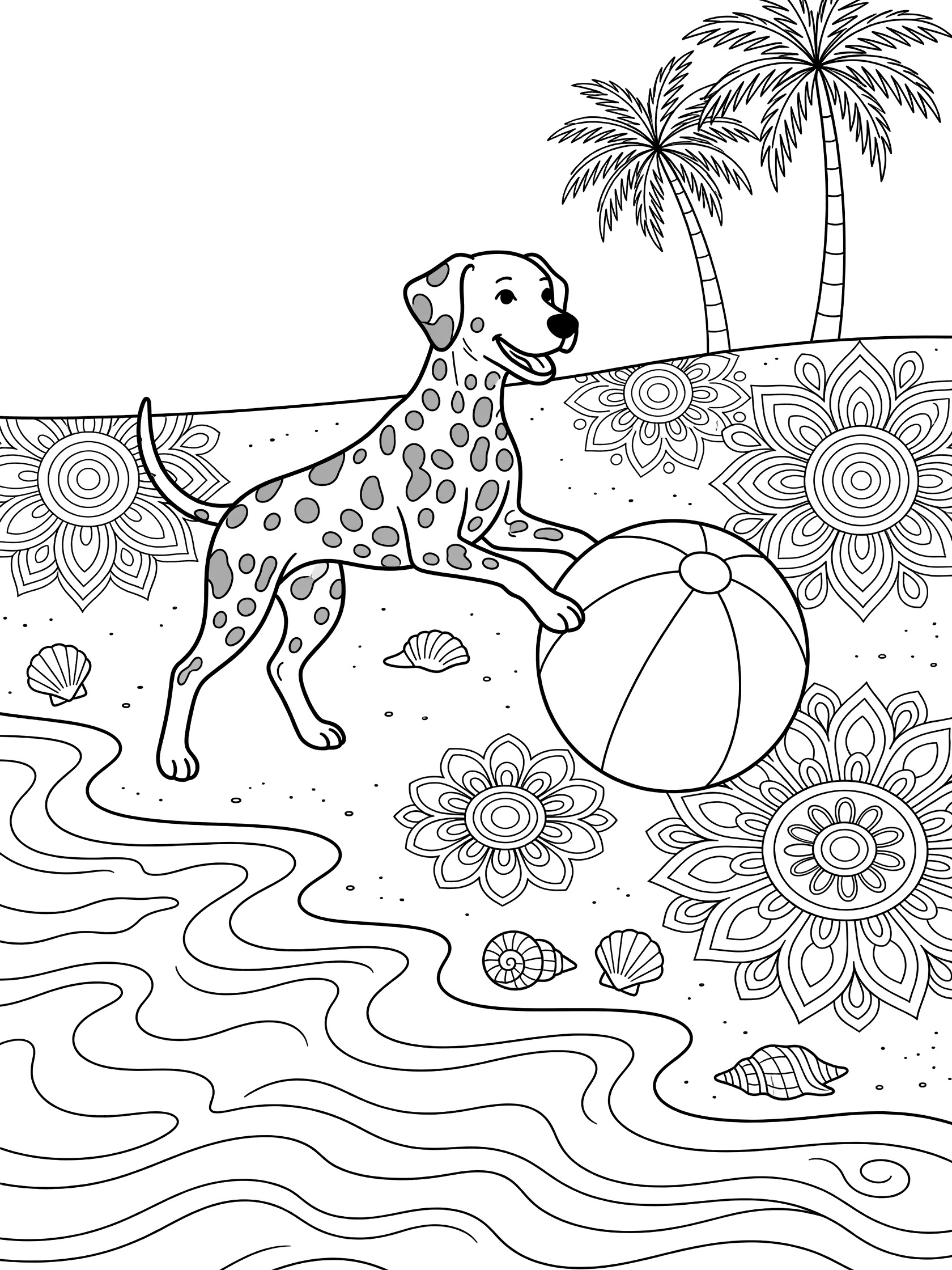 Black and white line art coloring page showing a happy Dalmatian dog jumping with a beach ball near ocean waves, seashells, sand with mandala flowers, and palm trees.
