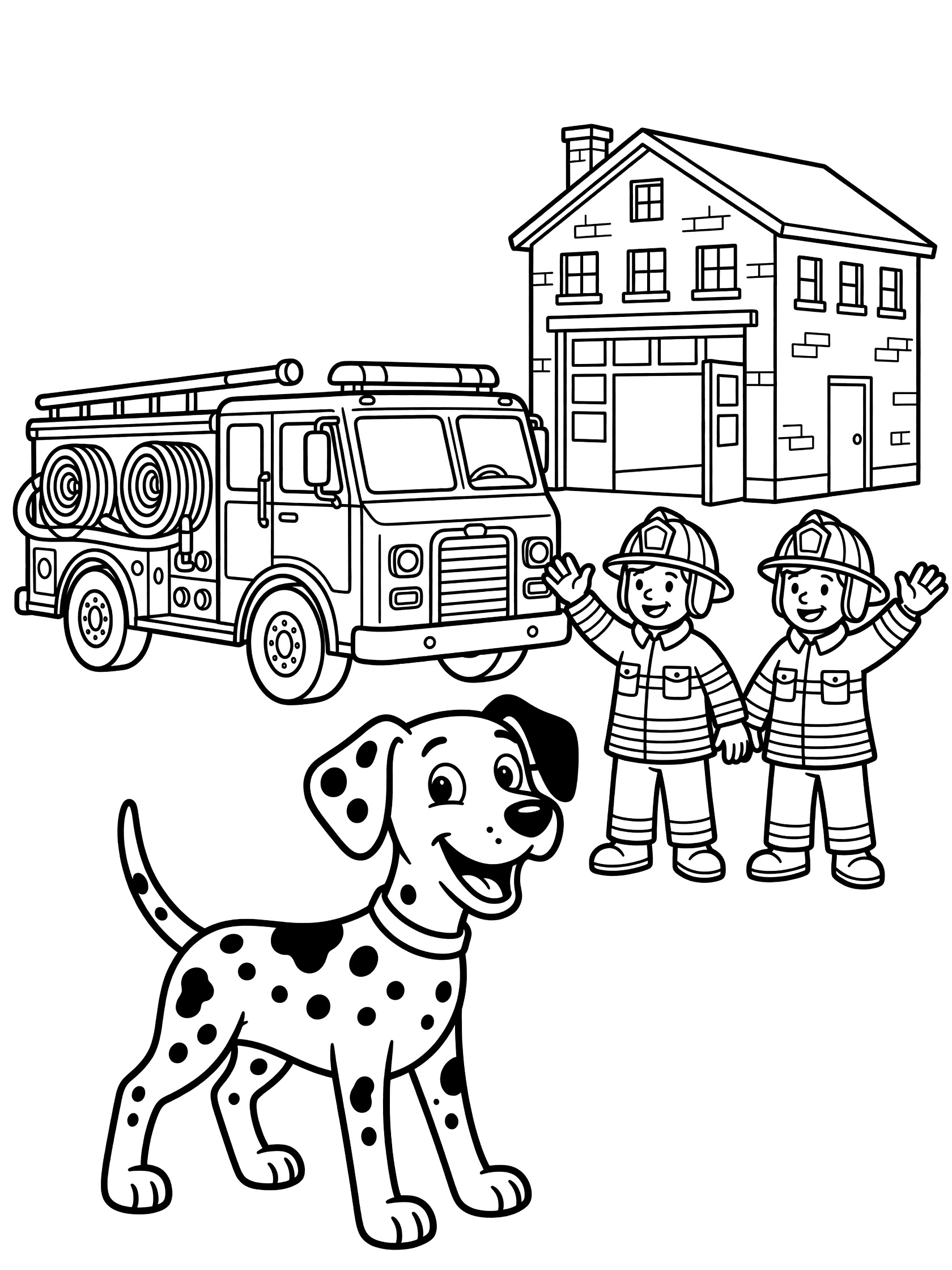 Cartoon Dalmatian dog standing in front of red fire truck, two waving firefighters in helmets, and open firehouse with hoses, bold line art for coloring.