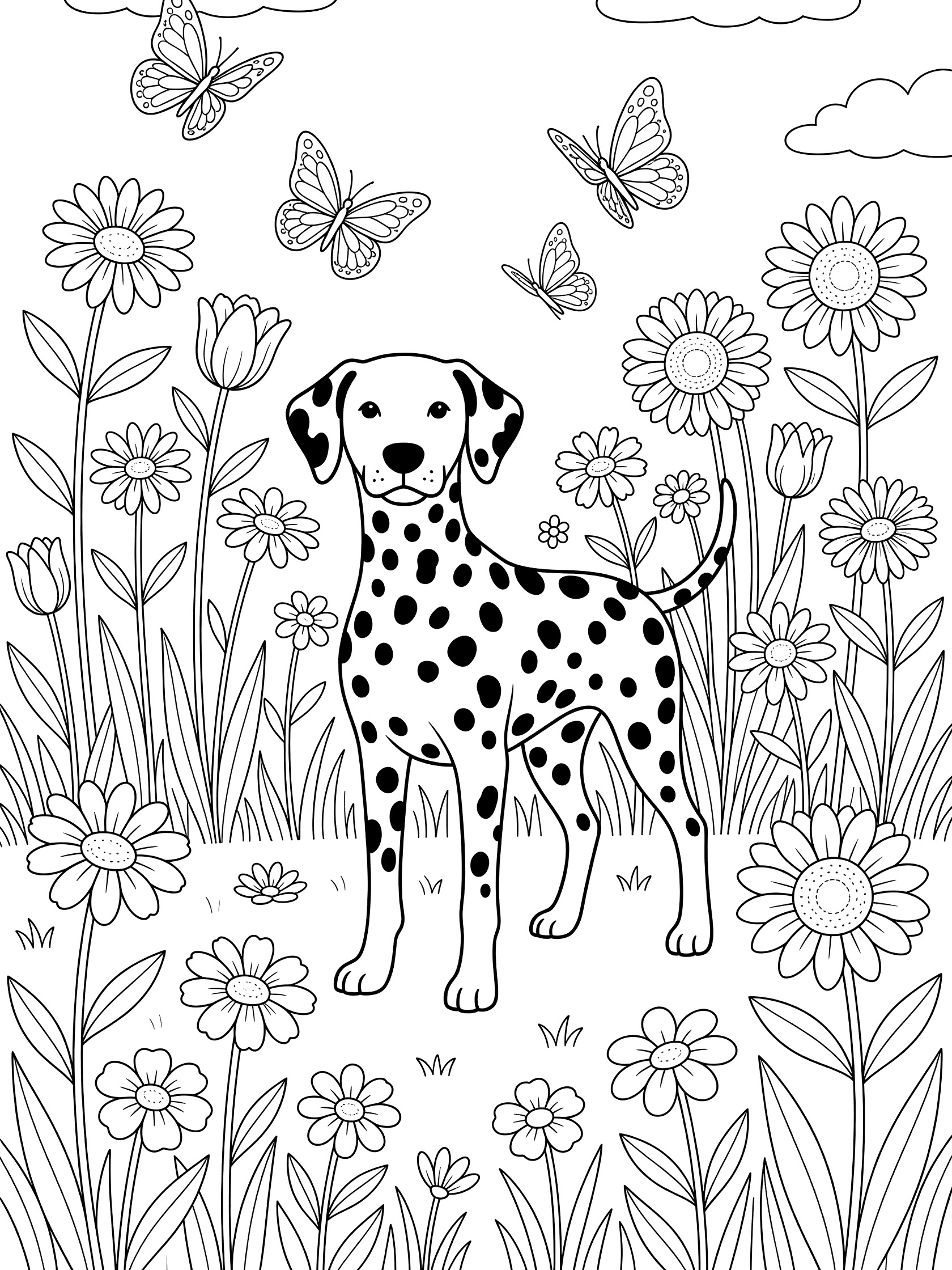 Black and white line art coloring page showing a spotted Dalmatian dog surrounded by daisies, tulips, butterflies, and clouds in a field