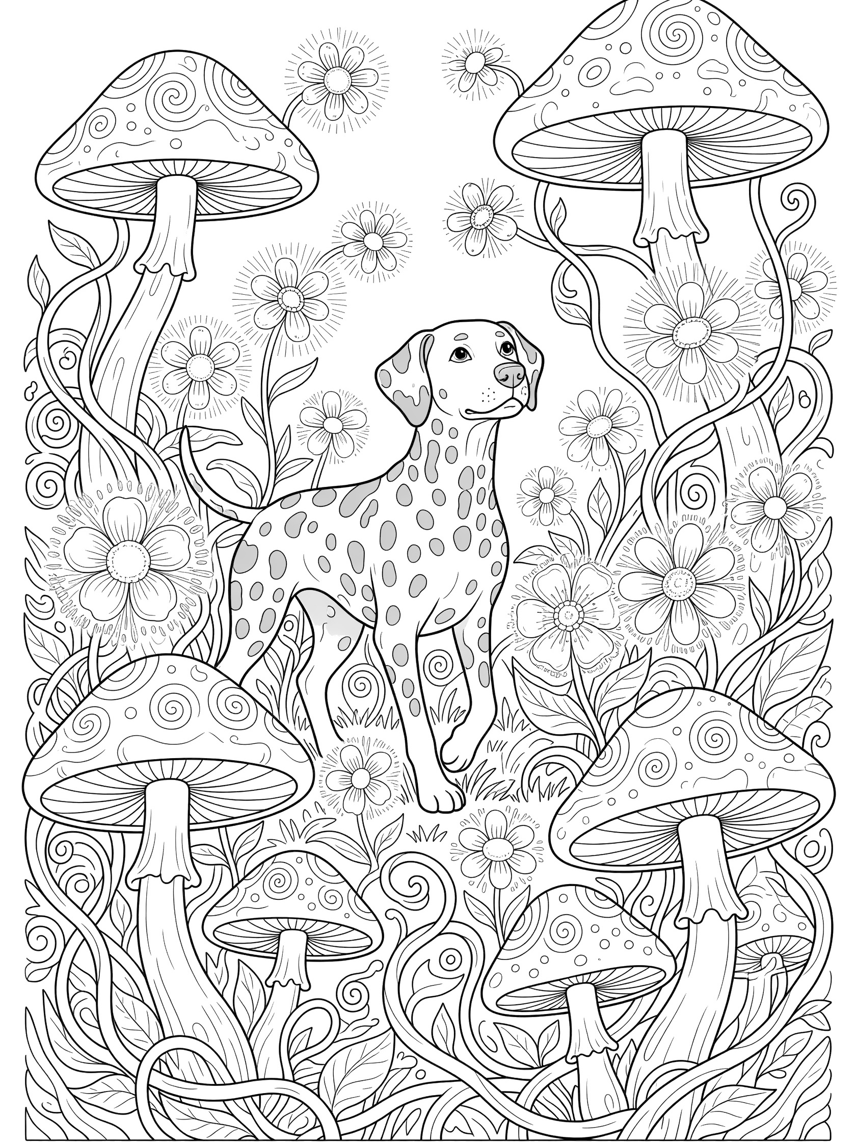 Black and white line art coloring page showing a spotted Dalmatian dog standing among large mushrooms, swirling vines, and blooming flowers.