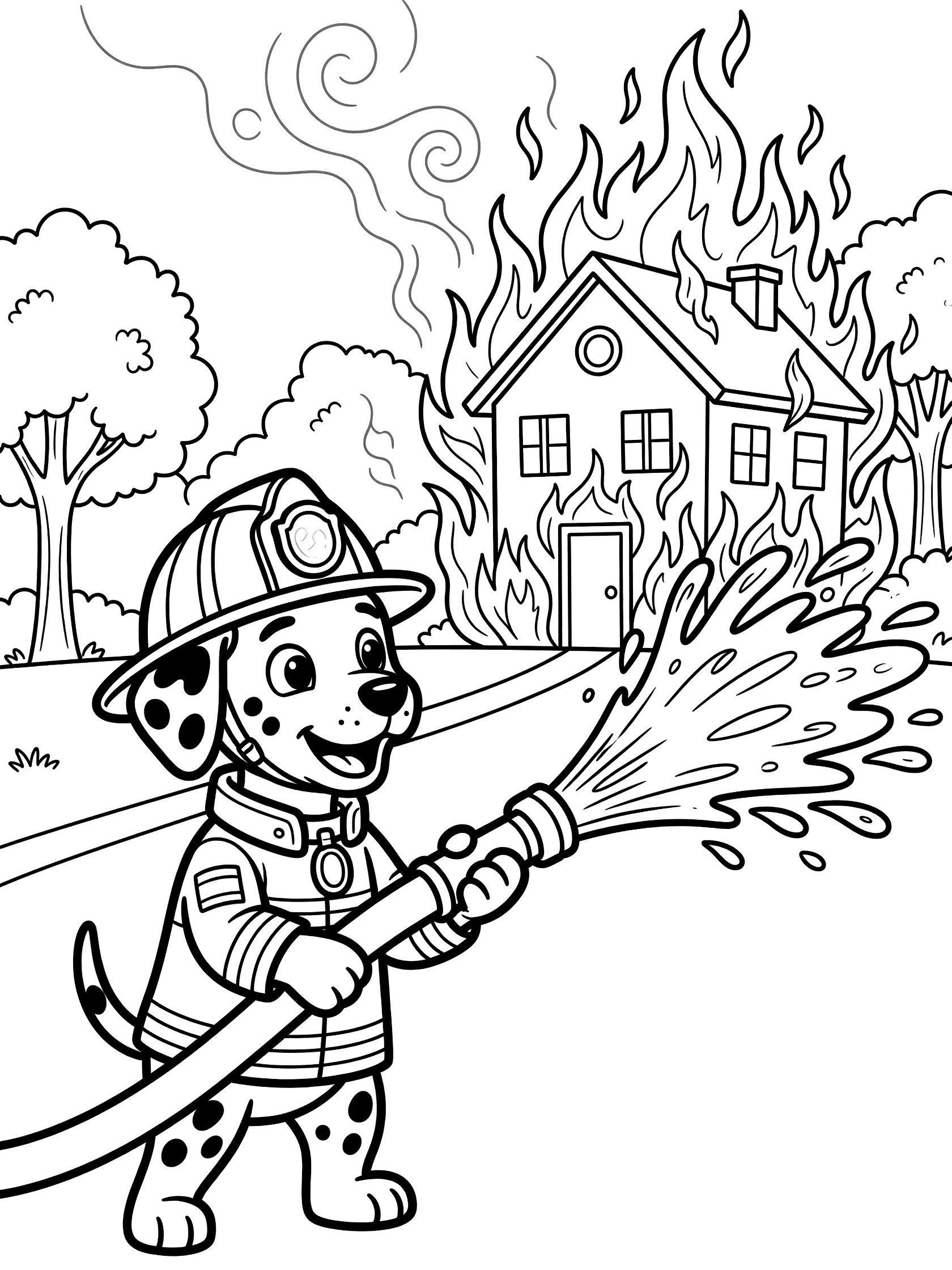 Black and white line art of a smiling Dalmatian dog in firefighter helmet and jacket holding a fire hose spraying water at a burning two-story house with trees and smoke.