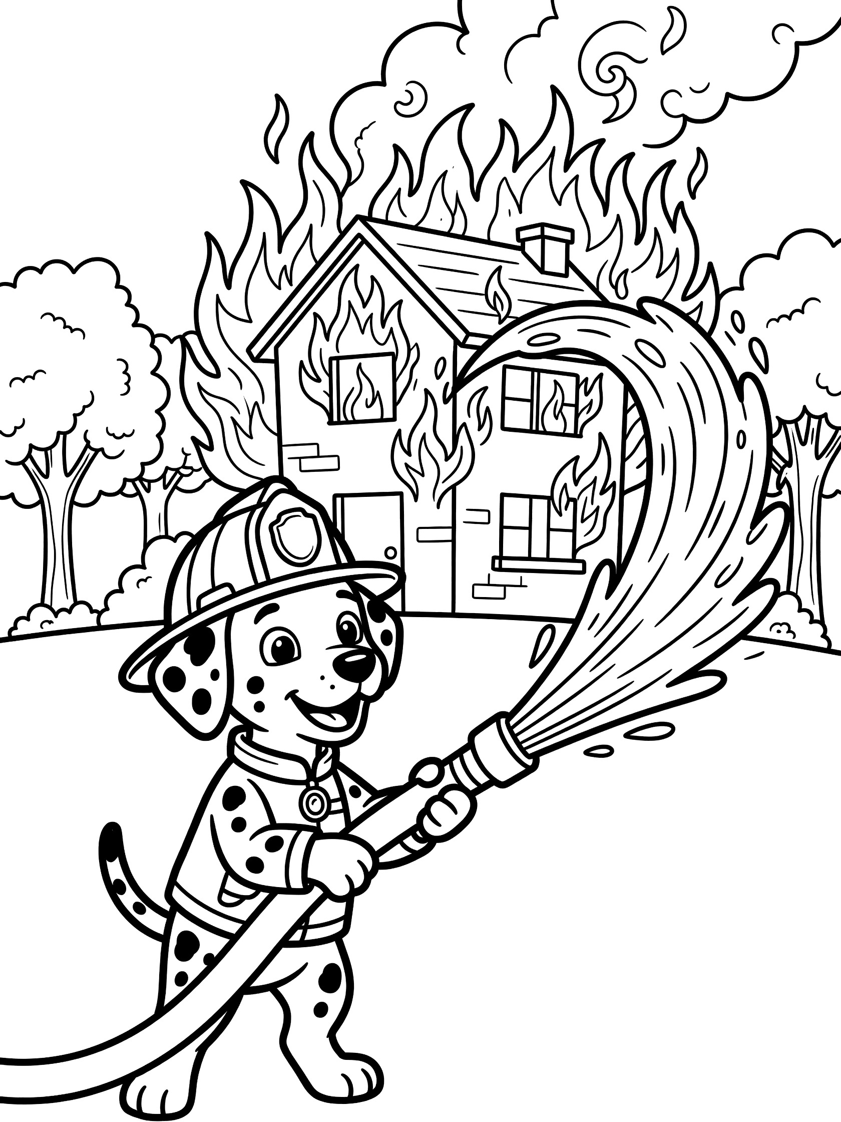 Black and white line art coloring page showing a spotted Dalmatian dog in firefighter gear holding a hose spraying water toward a two-story house on fire with curly flames, trees, and smoke.
