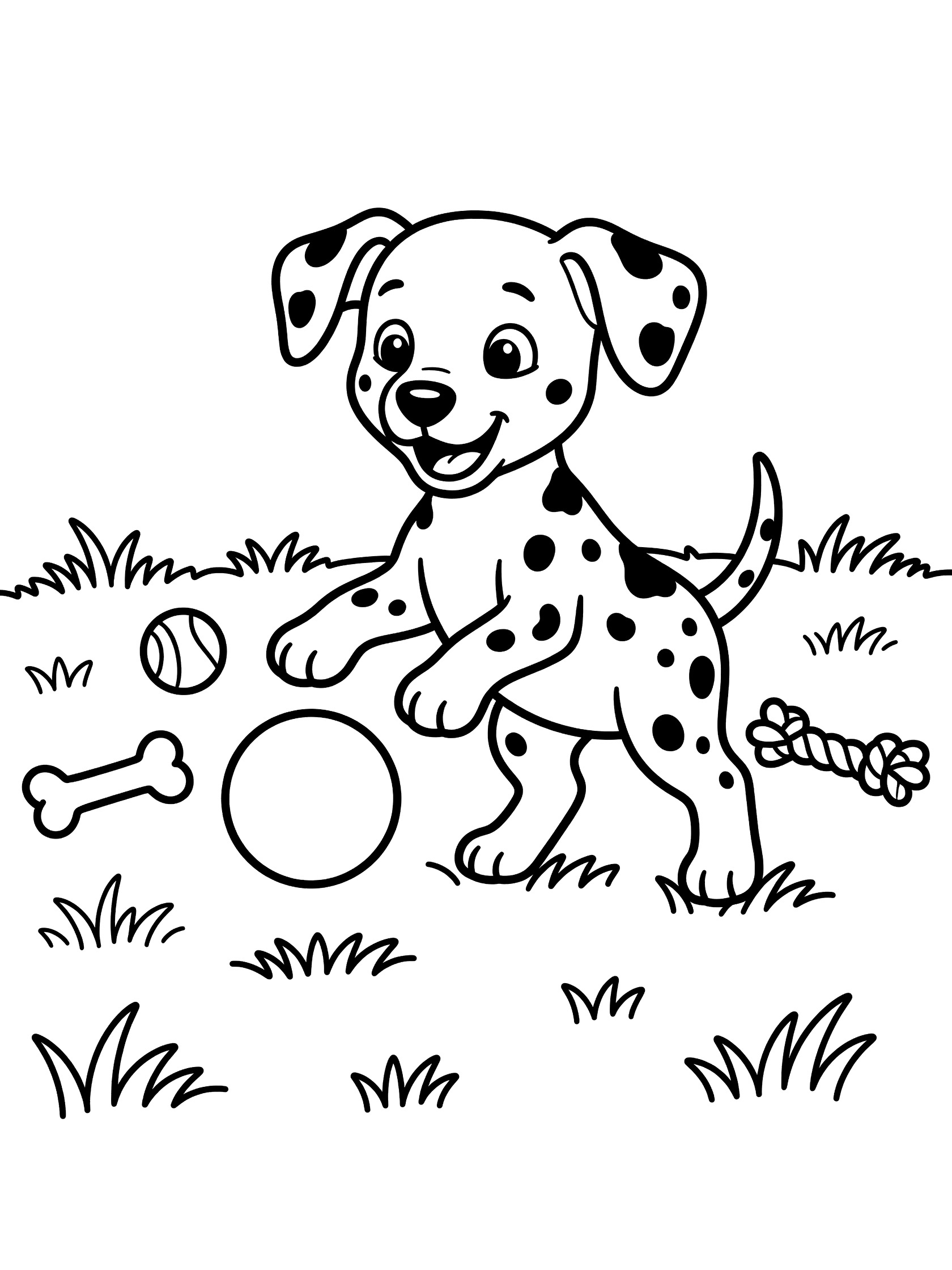 Black and white line art coloring page showing a happy Dalmatian puppy with spots jumping with a ball, bone toy, rope toy, and round toy on grassy ground.