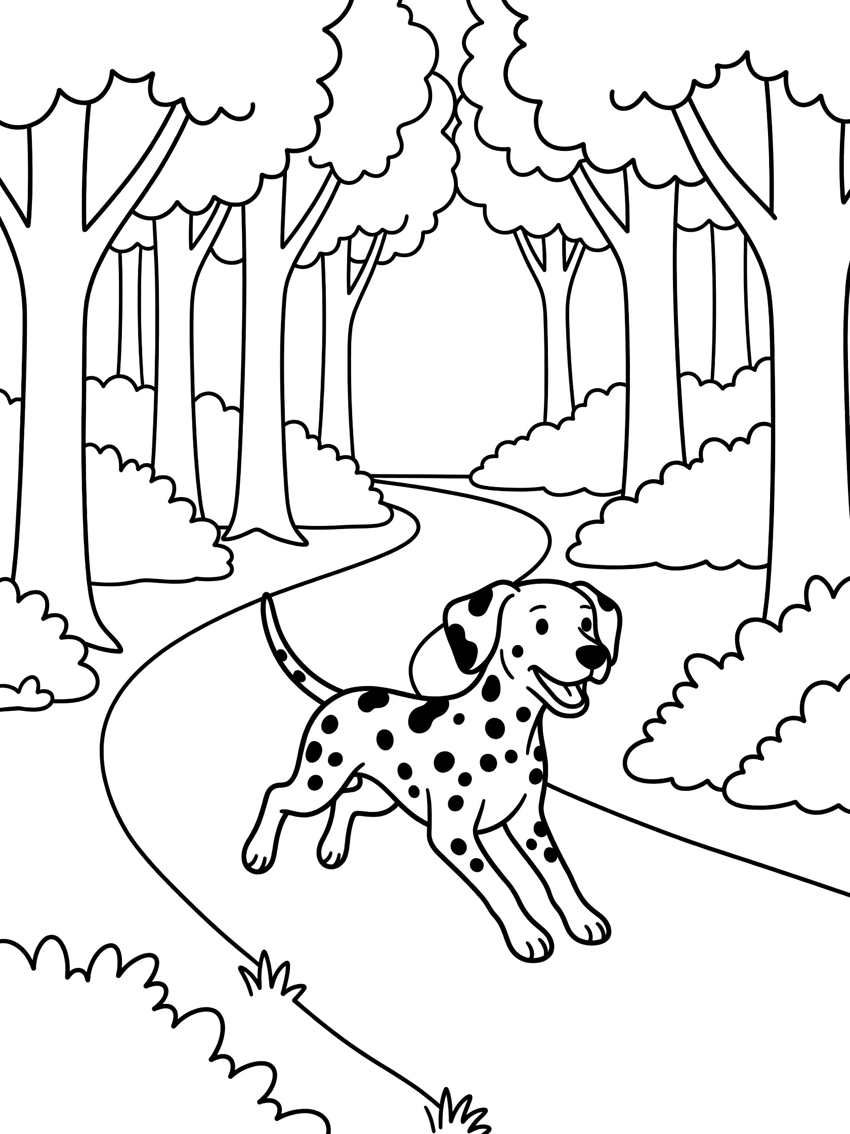 Black and white line art coloring page showing a Dalmatian puppy with spots running on a curved path through a forest with tall trees and bushes on both sides.