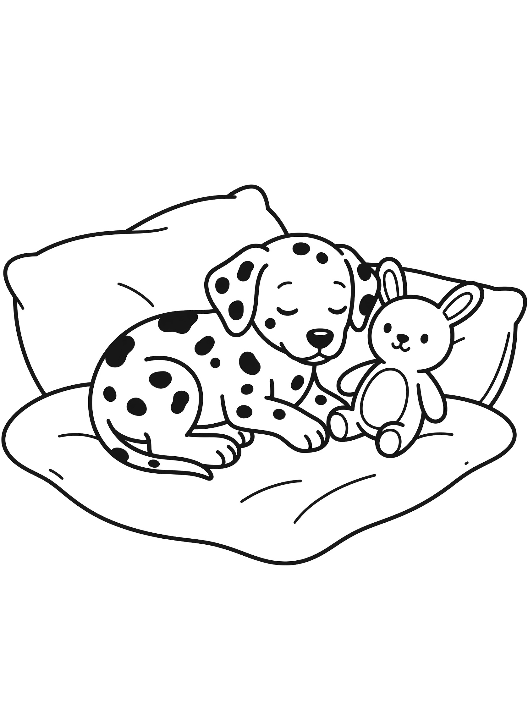 Black and white line art coloring page showing a spotted Dalmatian puppy sleeping on a blanket next to a stuffed bunny toy