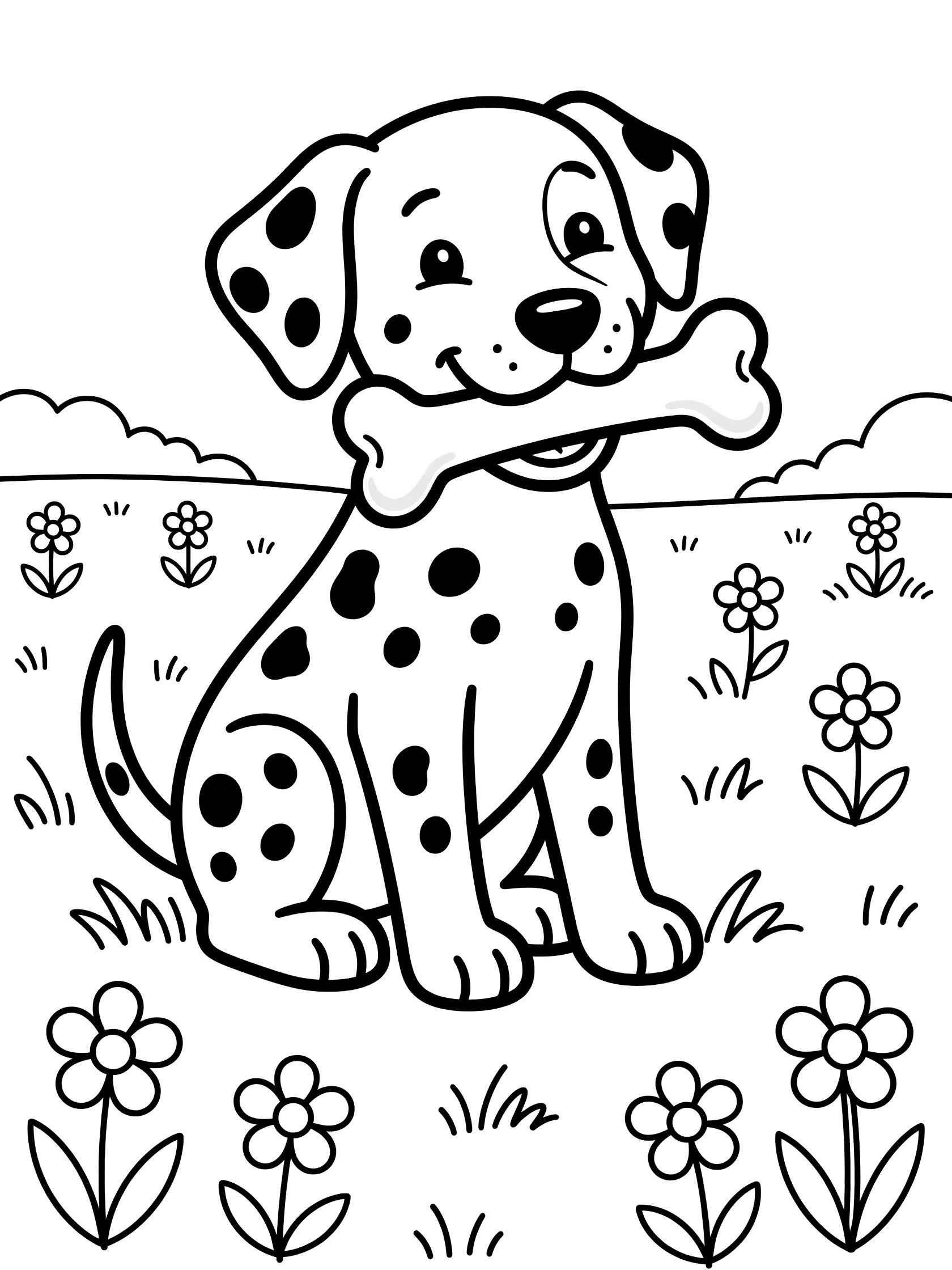 Black and white line art coloring page showing a cute Dalmatian puppy with spots holding a large bone, sitting on grass surrounded by simple flowers in a meadow.