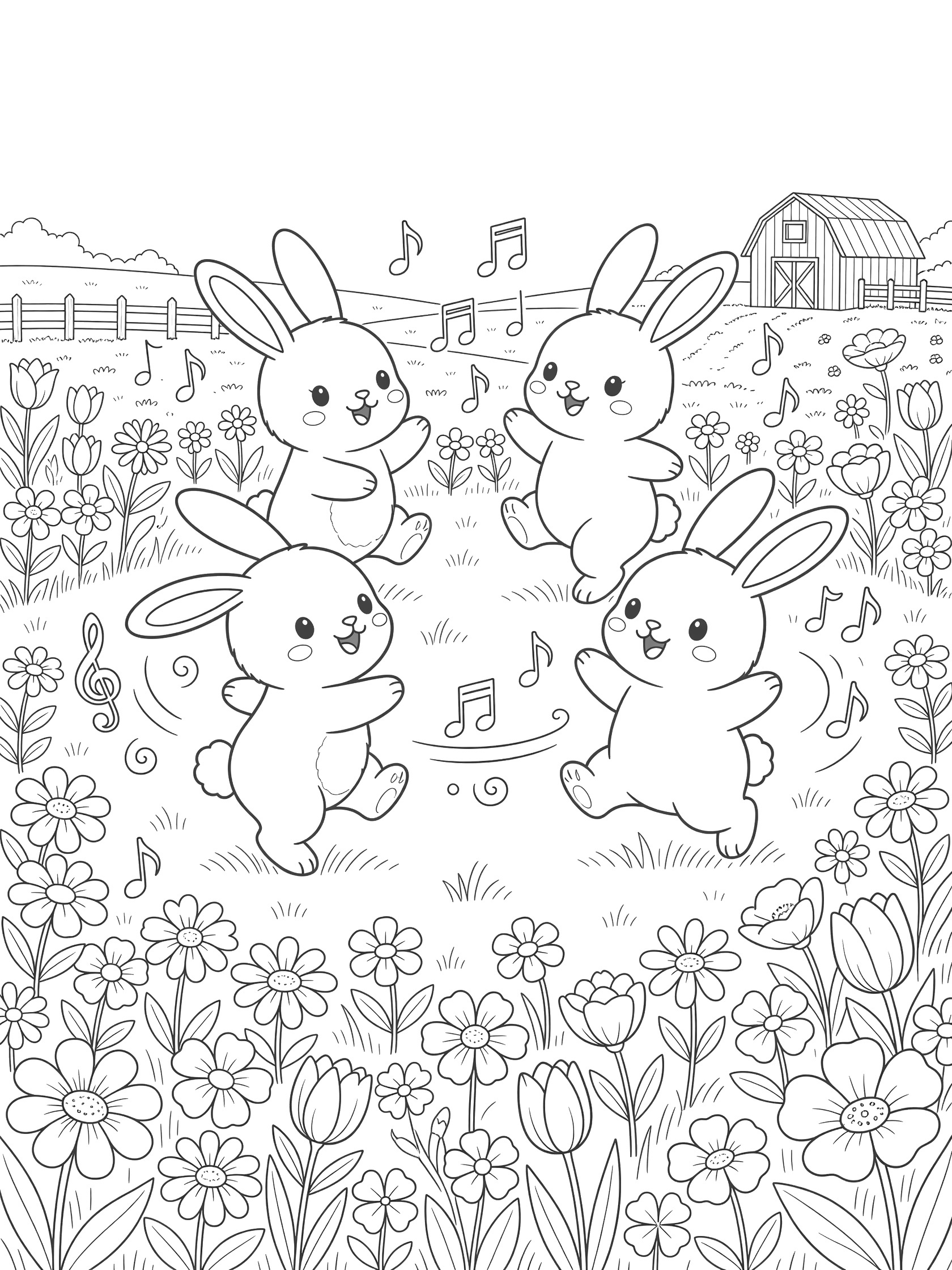 Black and white line art coloring page showing four kawaii bunnies dancing in a circle amid flowers, with a barn, fence, musical notes, and meadow grass. Rabbits themed black and white printable line art