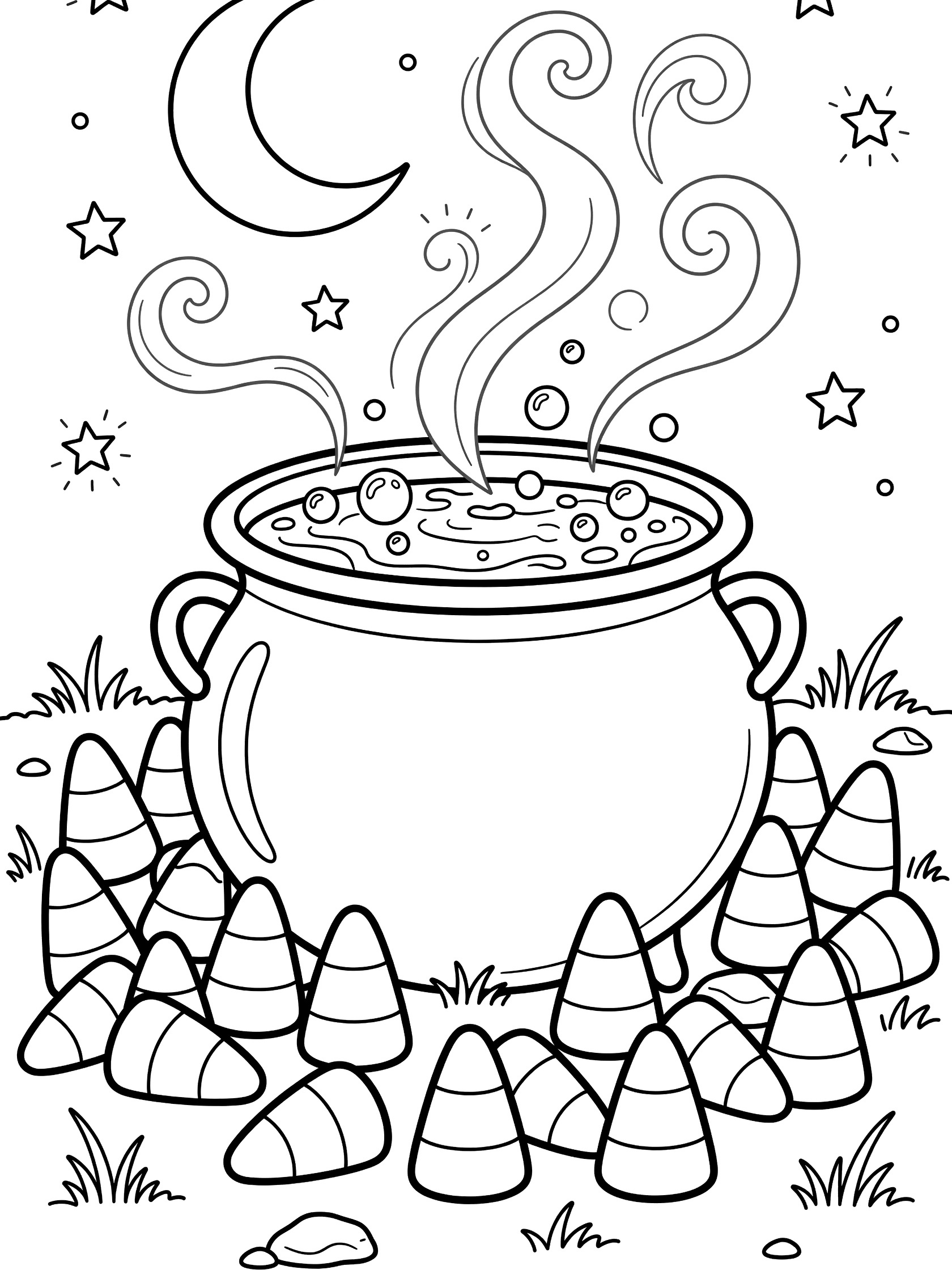 Halloween coloring page with candy corn arranged playfully around a steaming cauldron in a moonlit clearing with stars and grass.