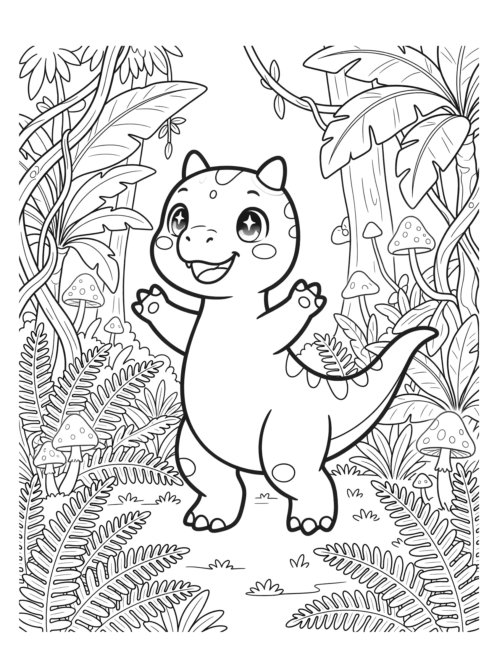 Cute cartoon Carnotaurus with big sparkling eyes and rosy cheeks dancing happily amid jungle ferns, vines, oversized leaves, and glowing mushrooms