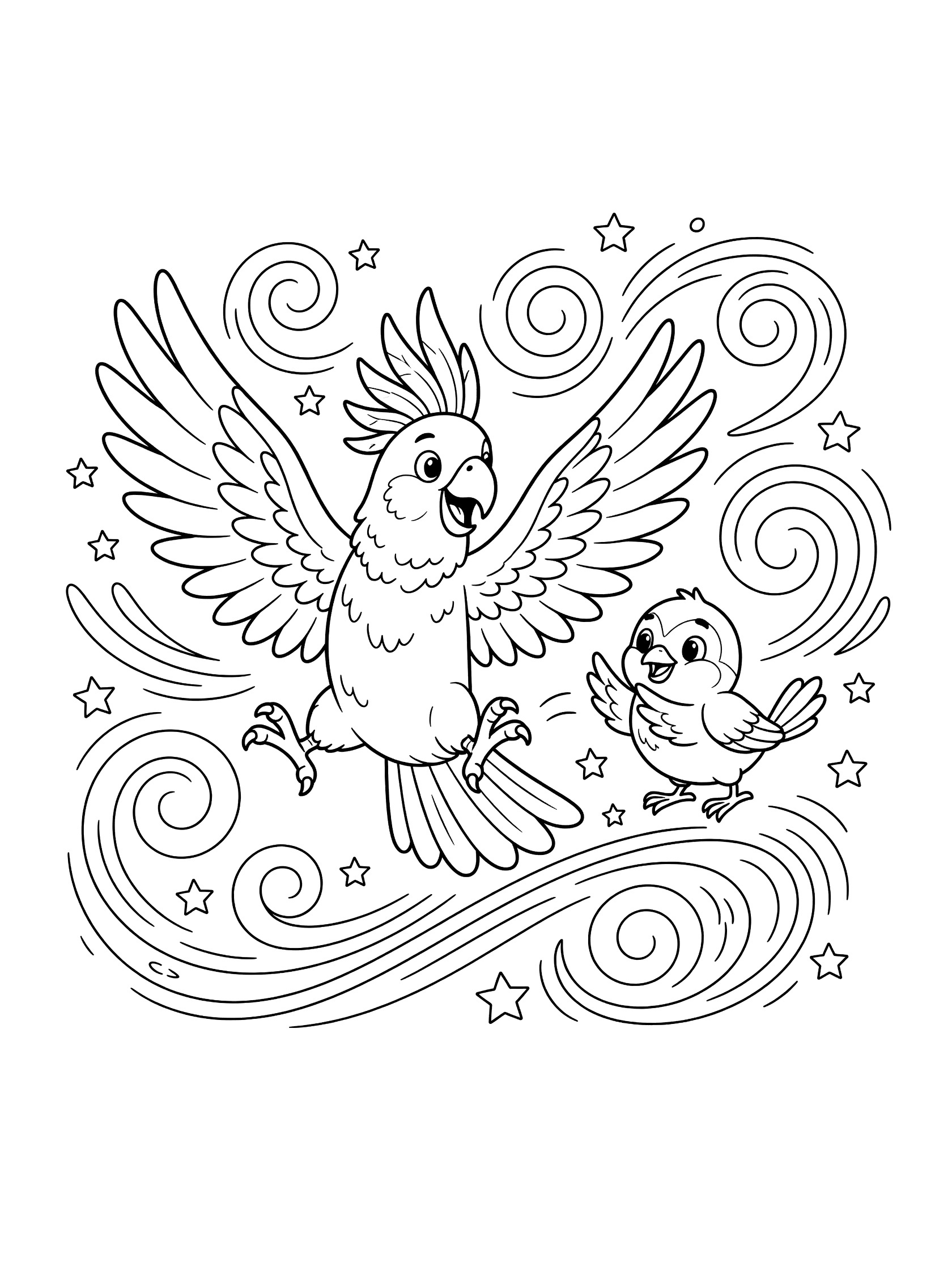 Black and white line art coloring page showing a happy cockatoo standing on one foot with wings up like arms, dancing next to a small bird with wings clapped together, surrounded by swirling patterns and stars.