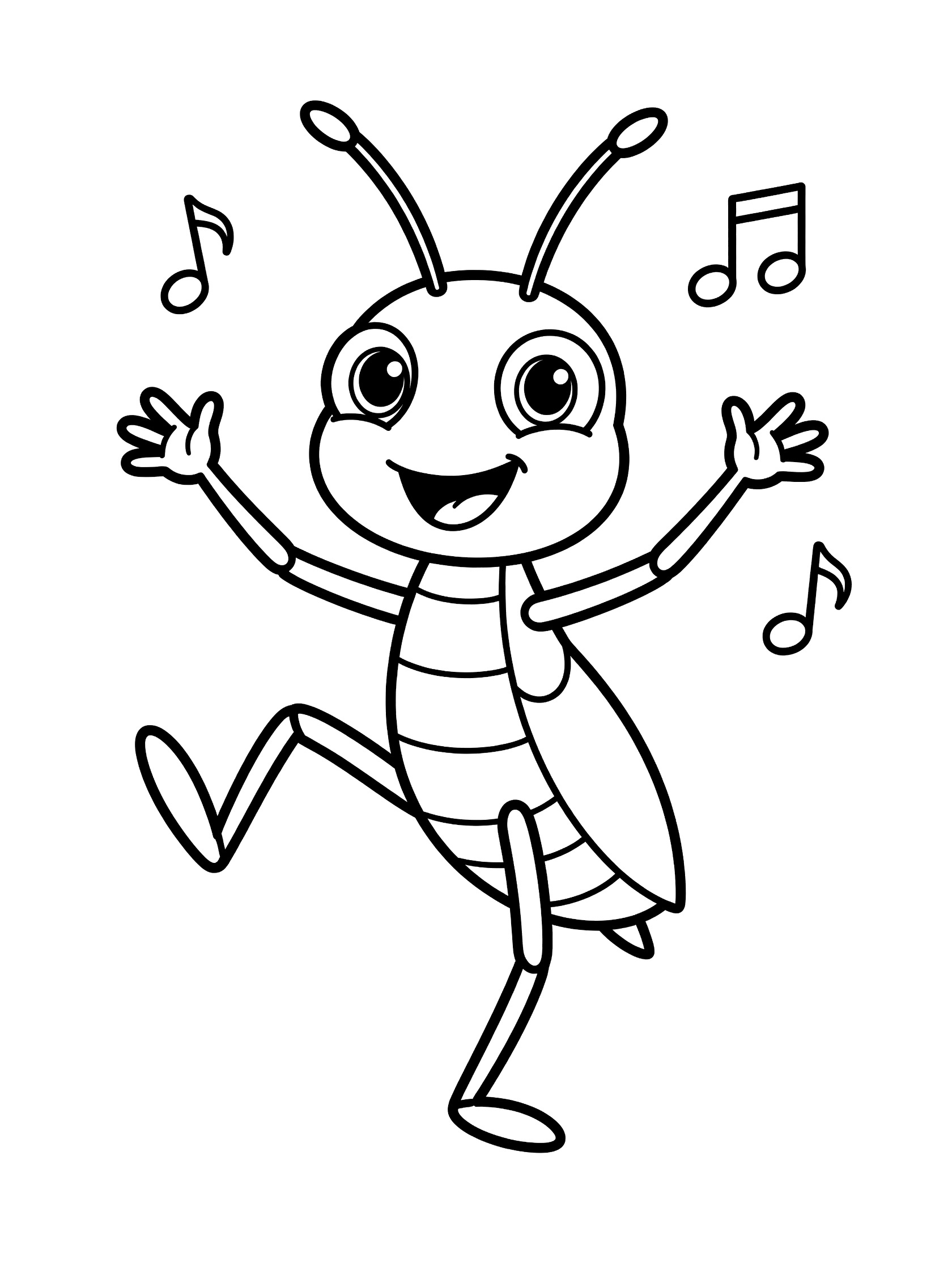 Black and white line art coloring page showing a joyful cartoon cricket dancing with raised arms, kicked leg, big smile, and floating music notes.