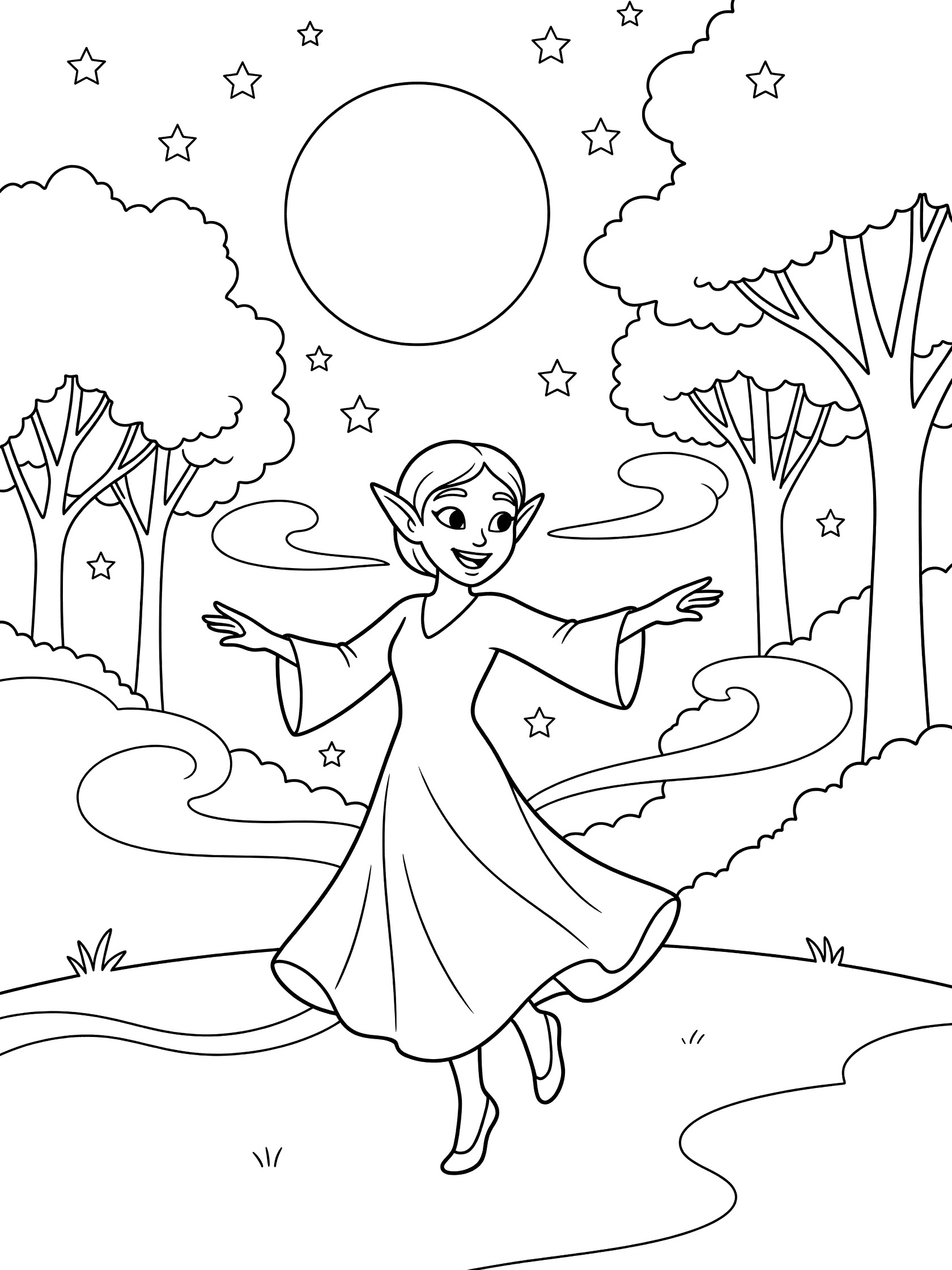 Black and white line art coloring page showing a cheerful elf girl with pointy ears dancing gracefully in a forest clearing under a big full moon and stars, surrounded by trees and misty swirls. Dark Elves themed black and white printable line art