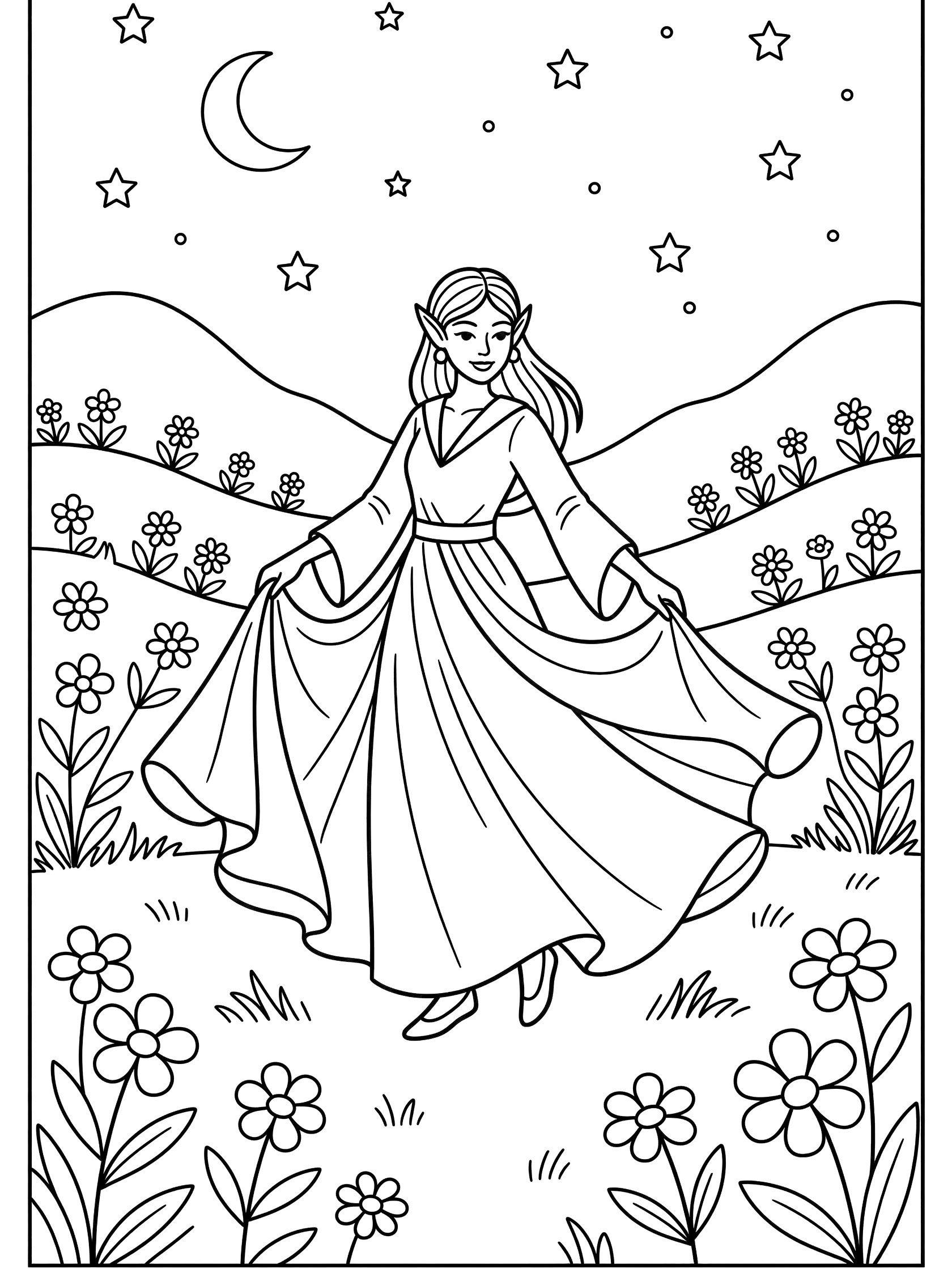 Black and white coloring page of an elf in flowing dress twirling in a field of flowers with rolling hills, crescent moon, and twinkling stars above. Tolkien Elves themed black and white printable line art