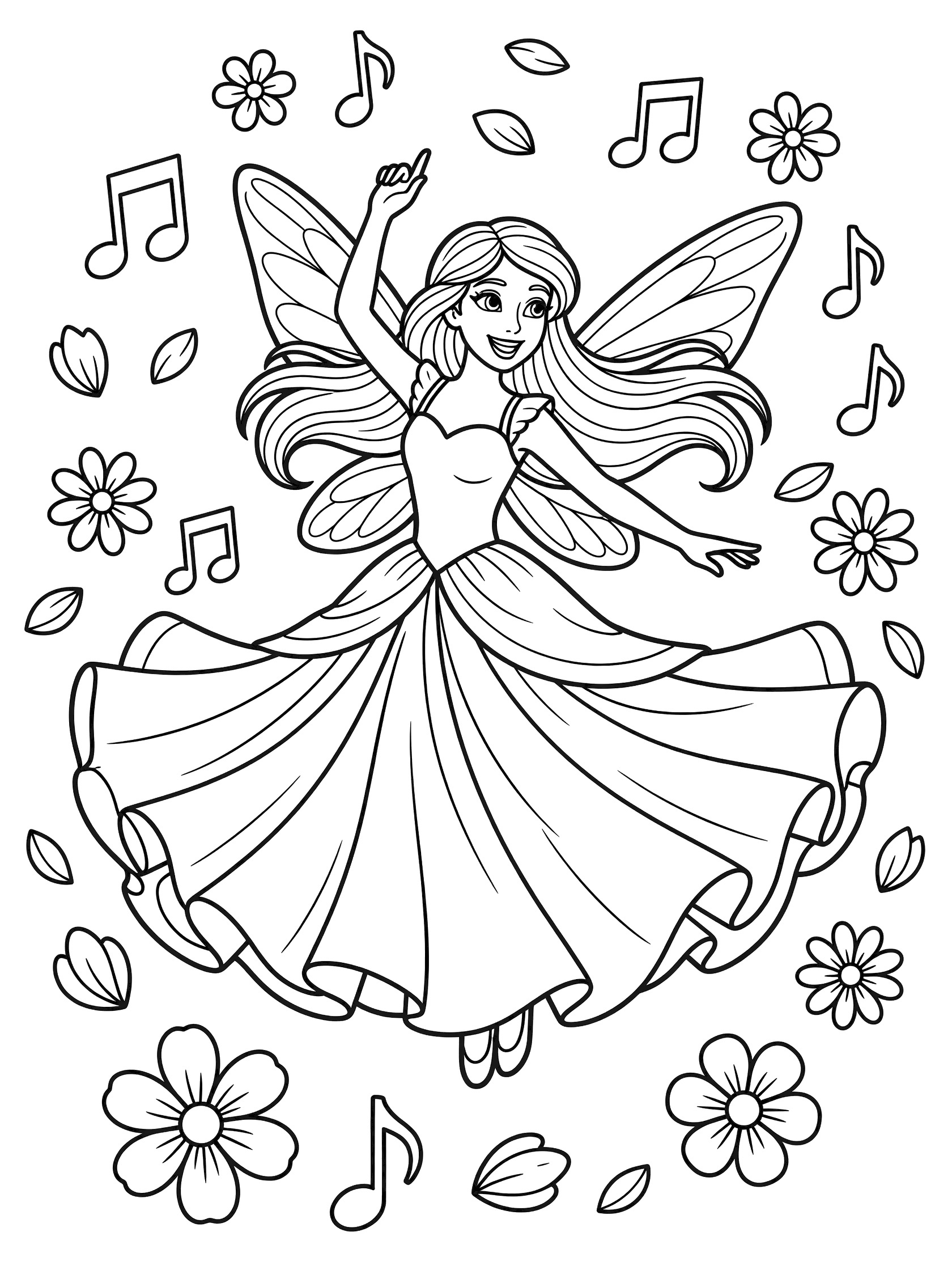 Black and white line art coloring page showing a fairy with wings and long hair twirling in a flared skirt, surrounded by flowers, petals, and music notes.