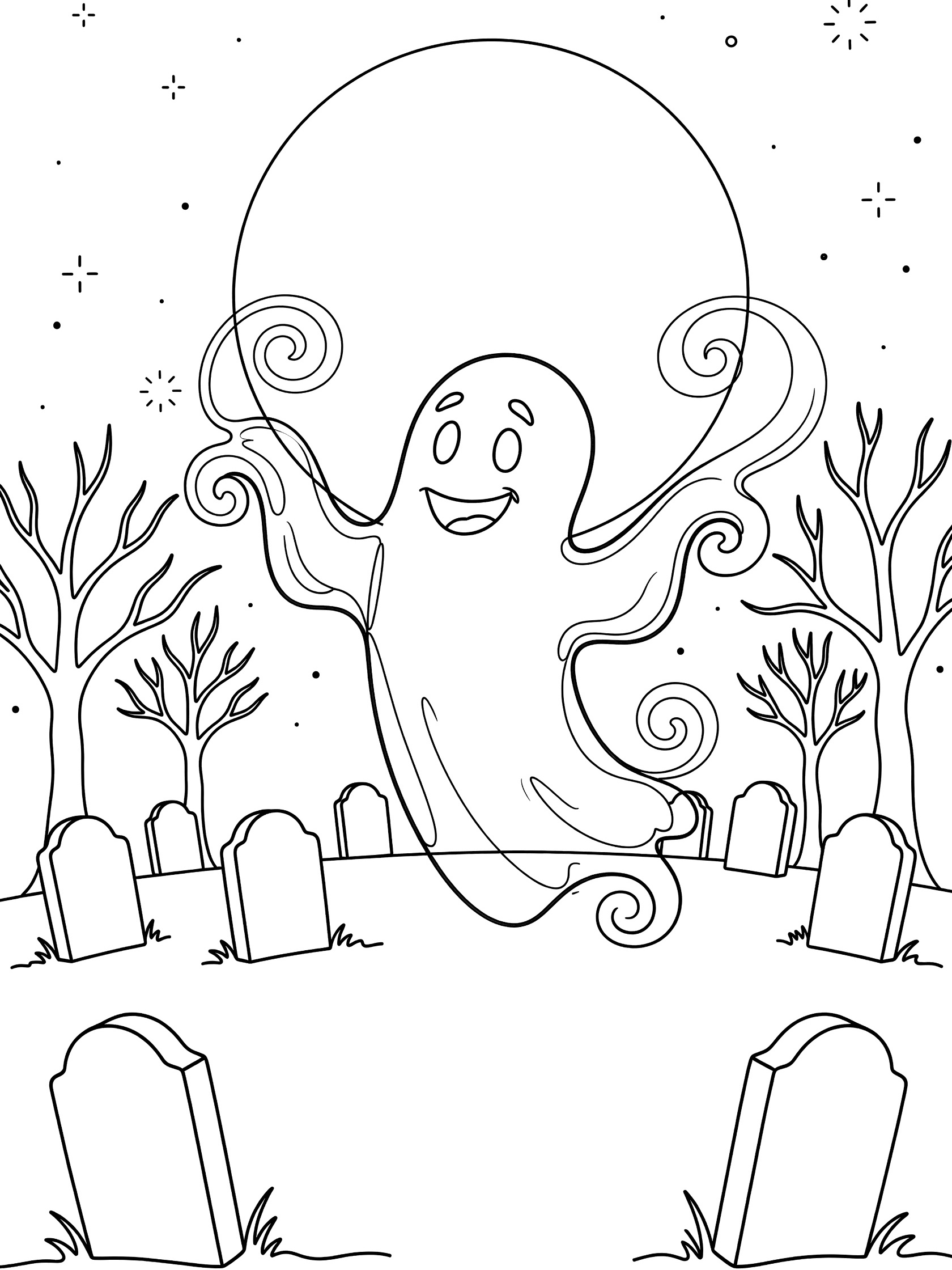 Ghost dancing happily under full moon at Halloween graveyard coloring page with stars, trees, and tombstones