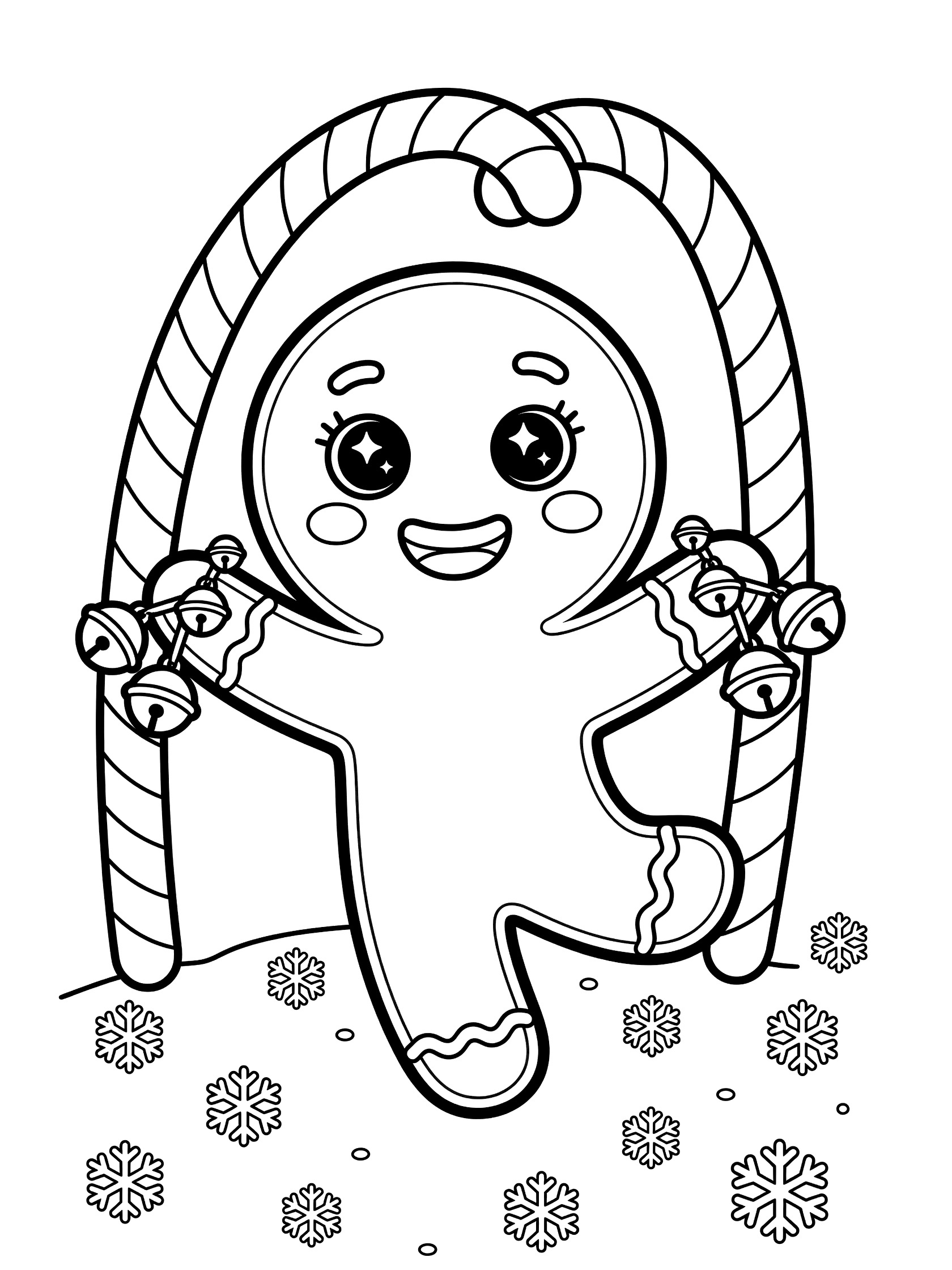 Kawaii gingerbread man with big eyes and smile dancing joyfully, holding bells on arms under candy cane arch with ground snowflakes, line art coloring page