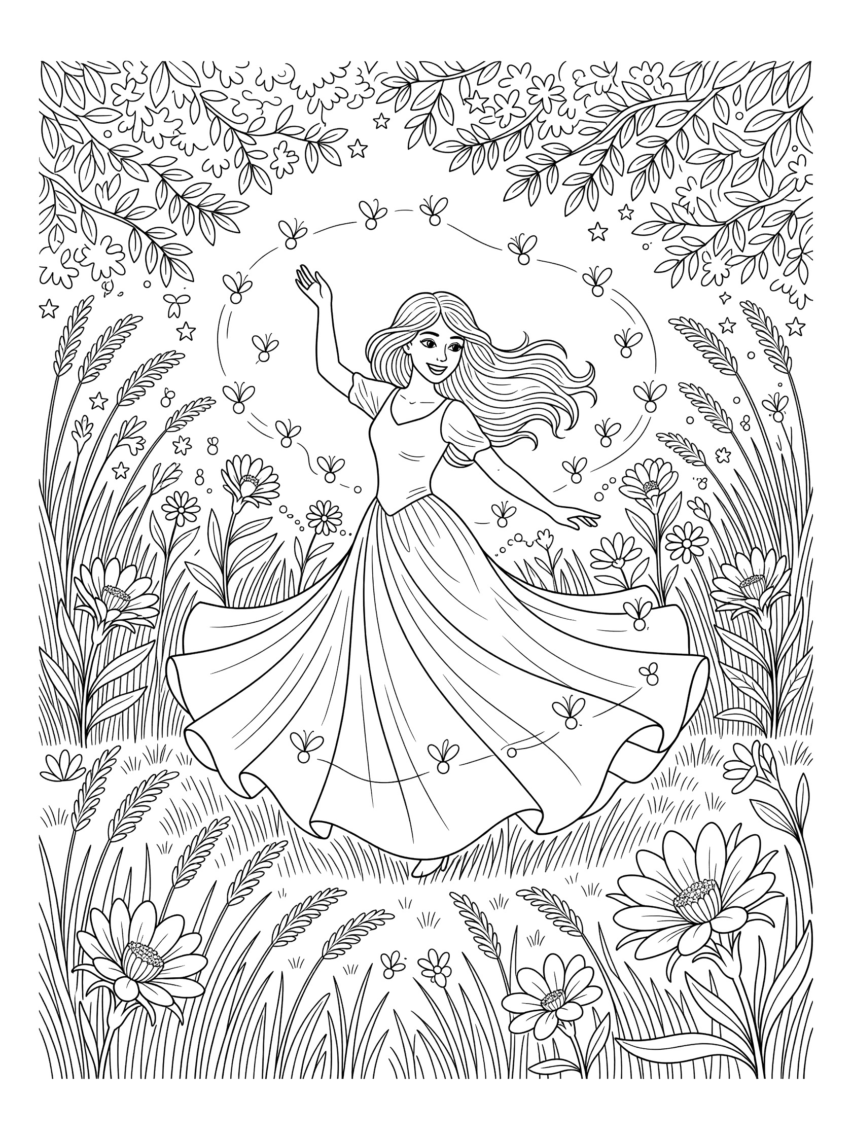 Black and white line art coloring page showing a girl in a dress twirling with butterflies flying around her, surrounded by flowers, grass, and leaves.
