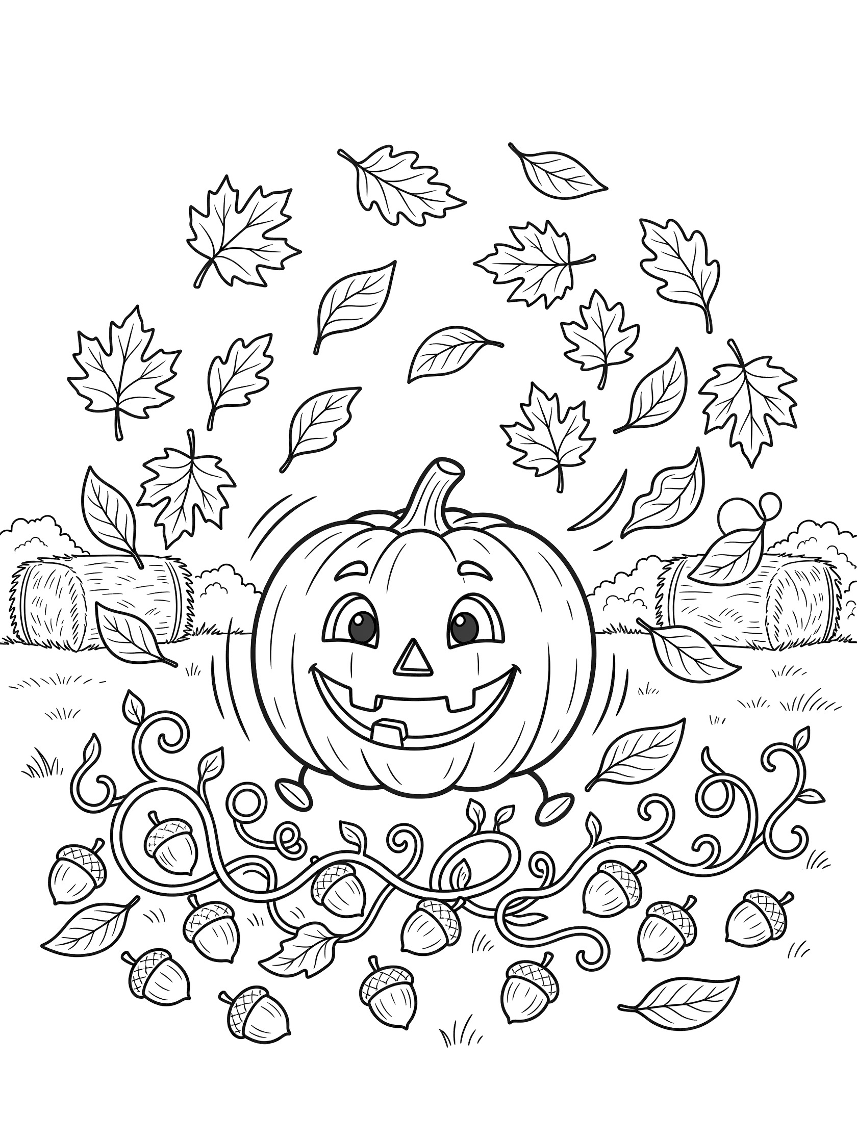 Cute jack-o-lantern smiling and dancing amid swirling autumn leaves, acorns on the ground, curling vines, and distant hay bales in a yard, line art coloring page.